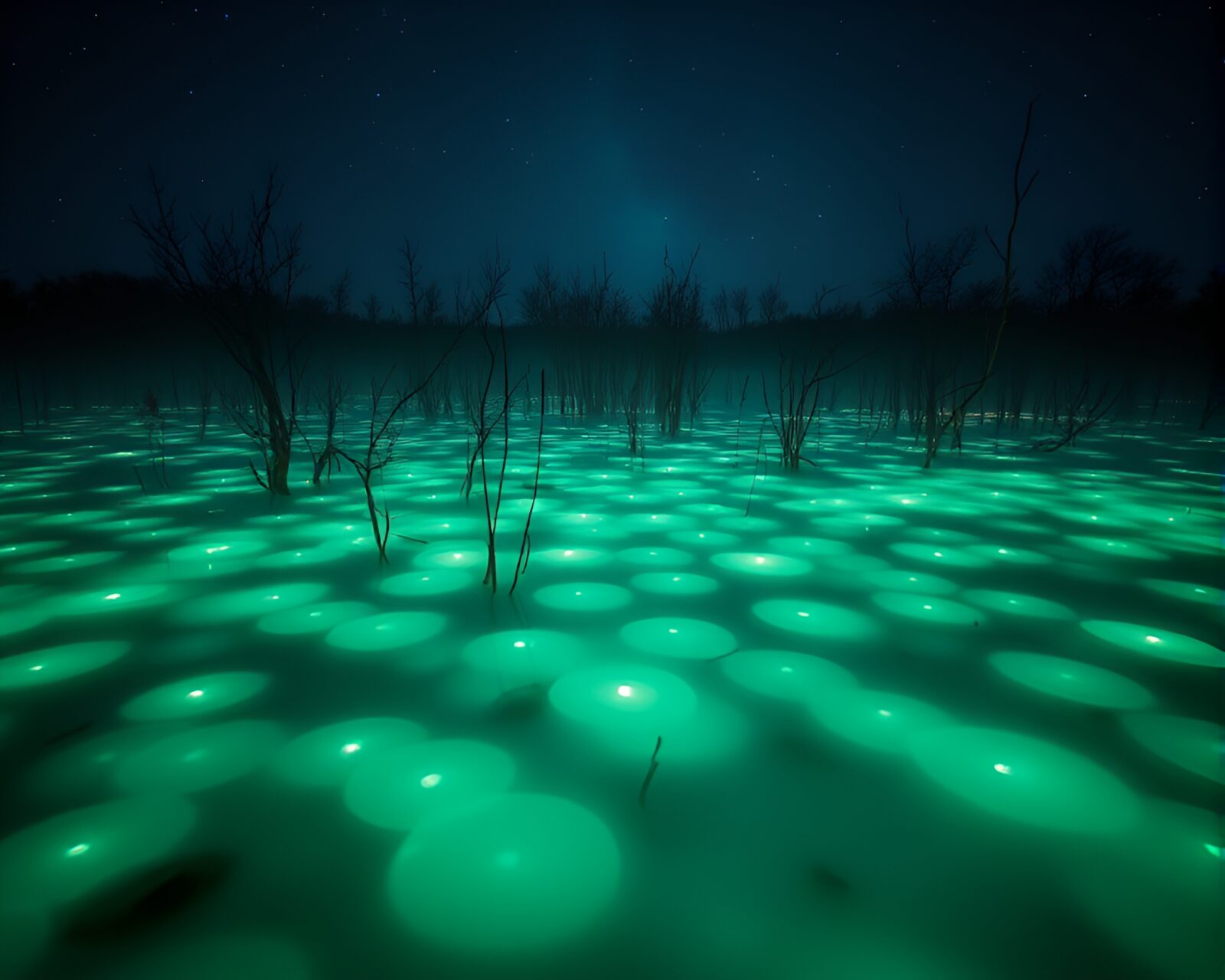A captivating image of a bioluminescent marsh in vibrant green and blue hues