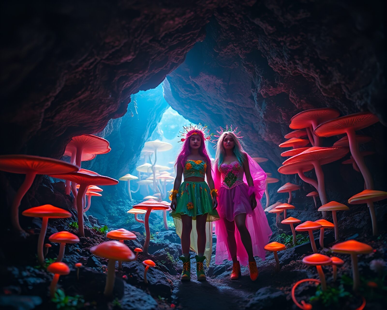 Ethereal beings in kinetic fashion glide through mycelium pathways