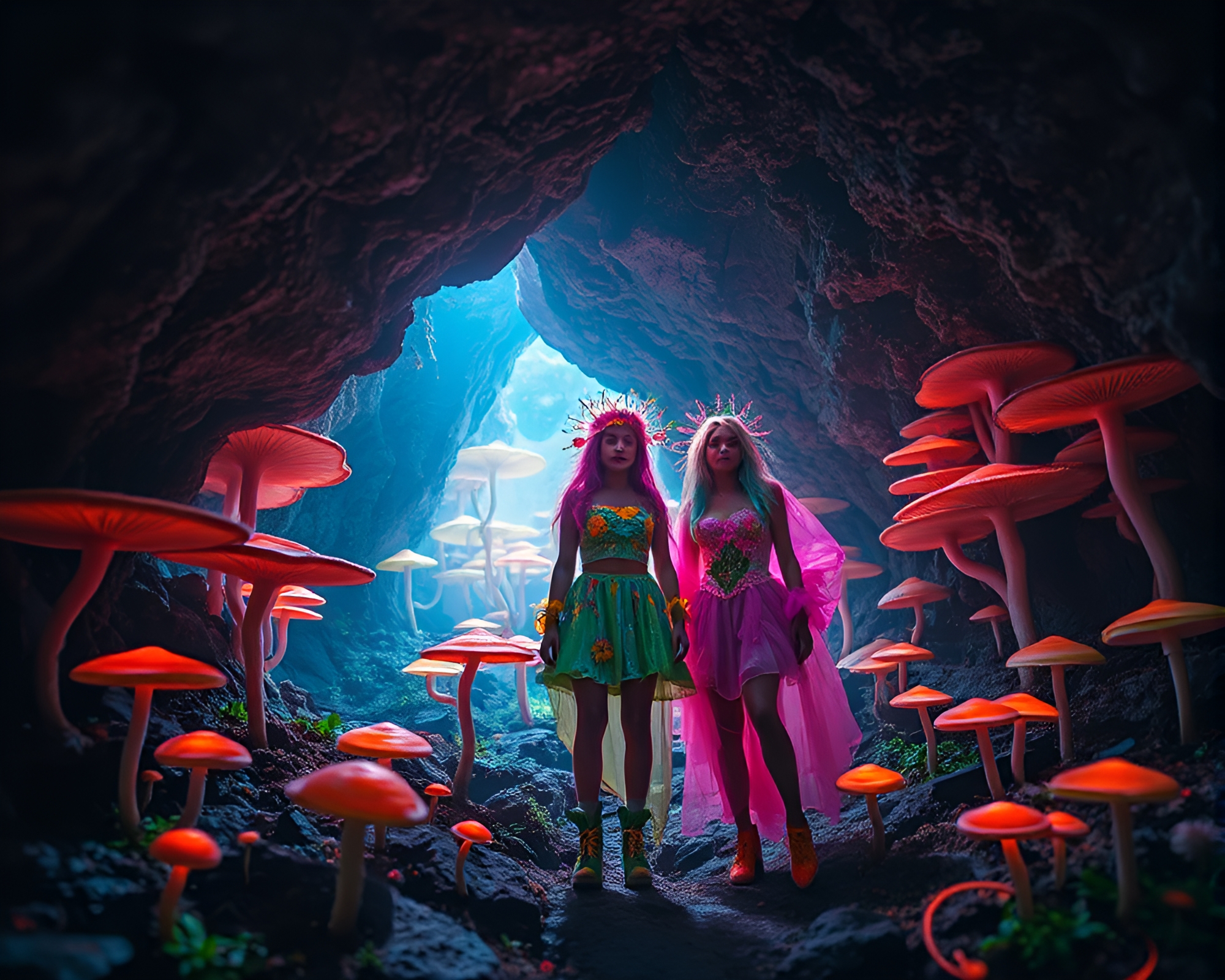 Ethereal Kinetic Fashion Beings in Subterranean Fungus Forest – free AI stock image