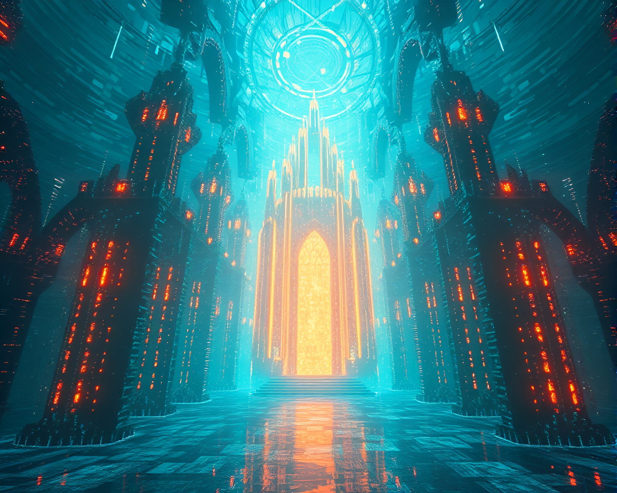 Glowing Pixelated Underwater Cathedral: Melancholic & Surreal – free AI stock image