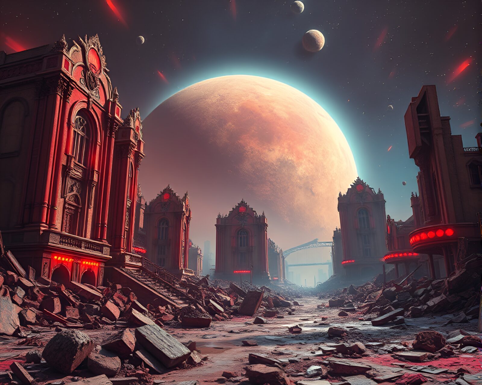 Vibrant art deco architecture amidst planetary destruction
