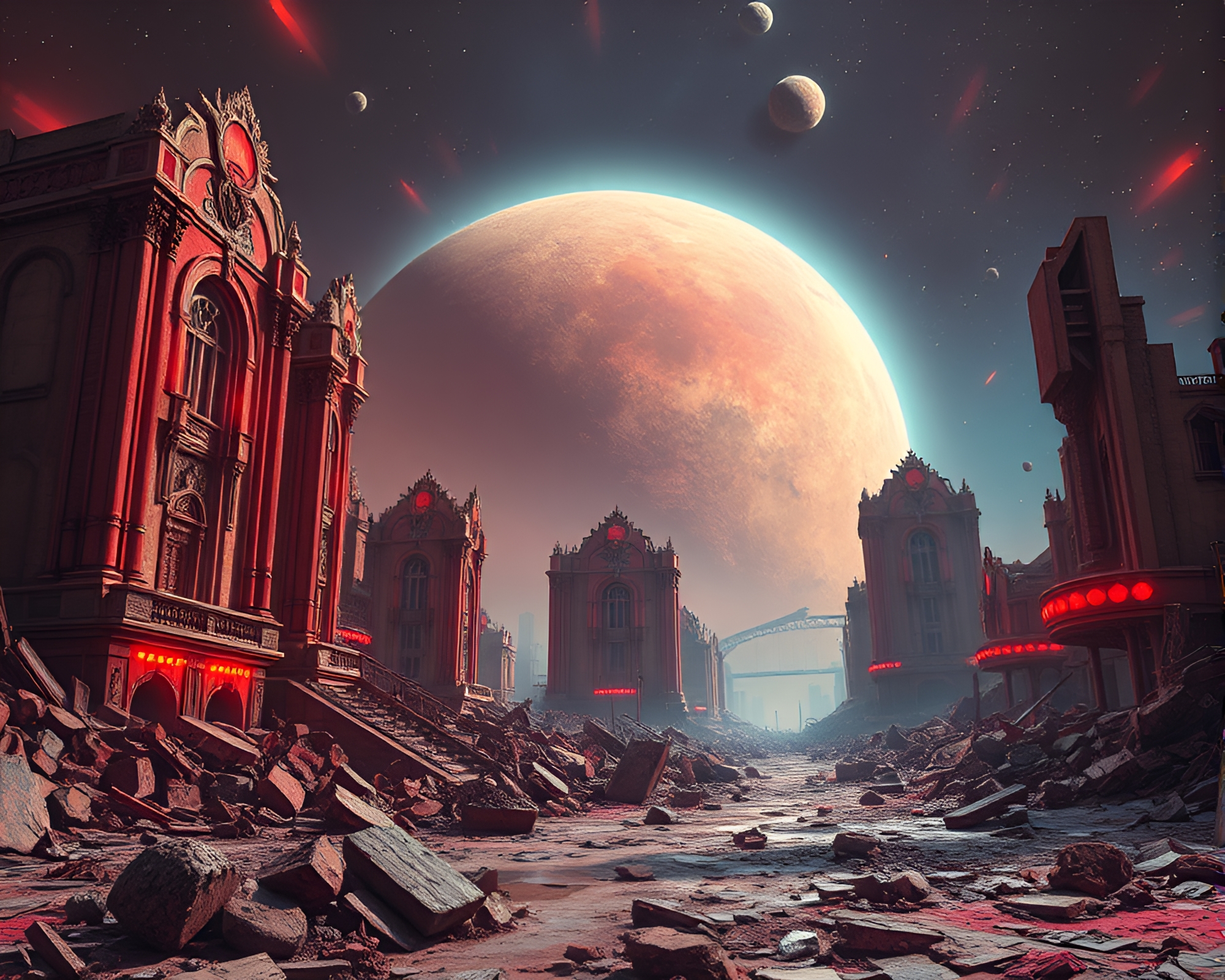 Art Deco Ruins on Shattered Planet Surface – free AI stock image