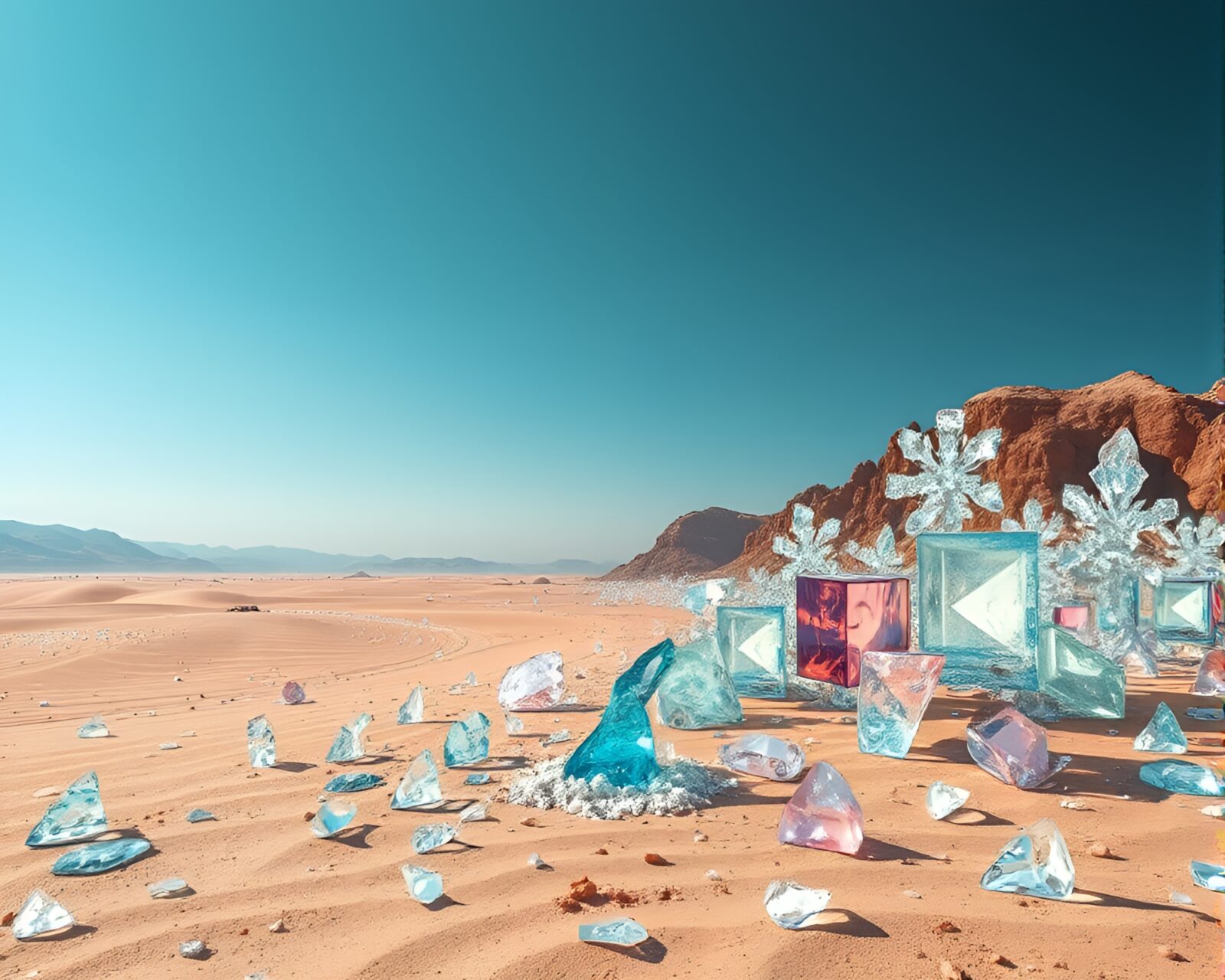 Surreal landscape of glass shard desert against vibrant photomontage backdrop