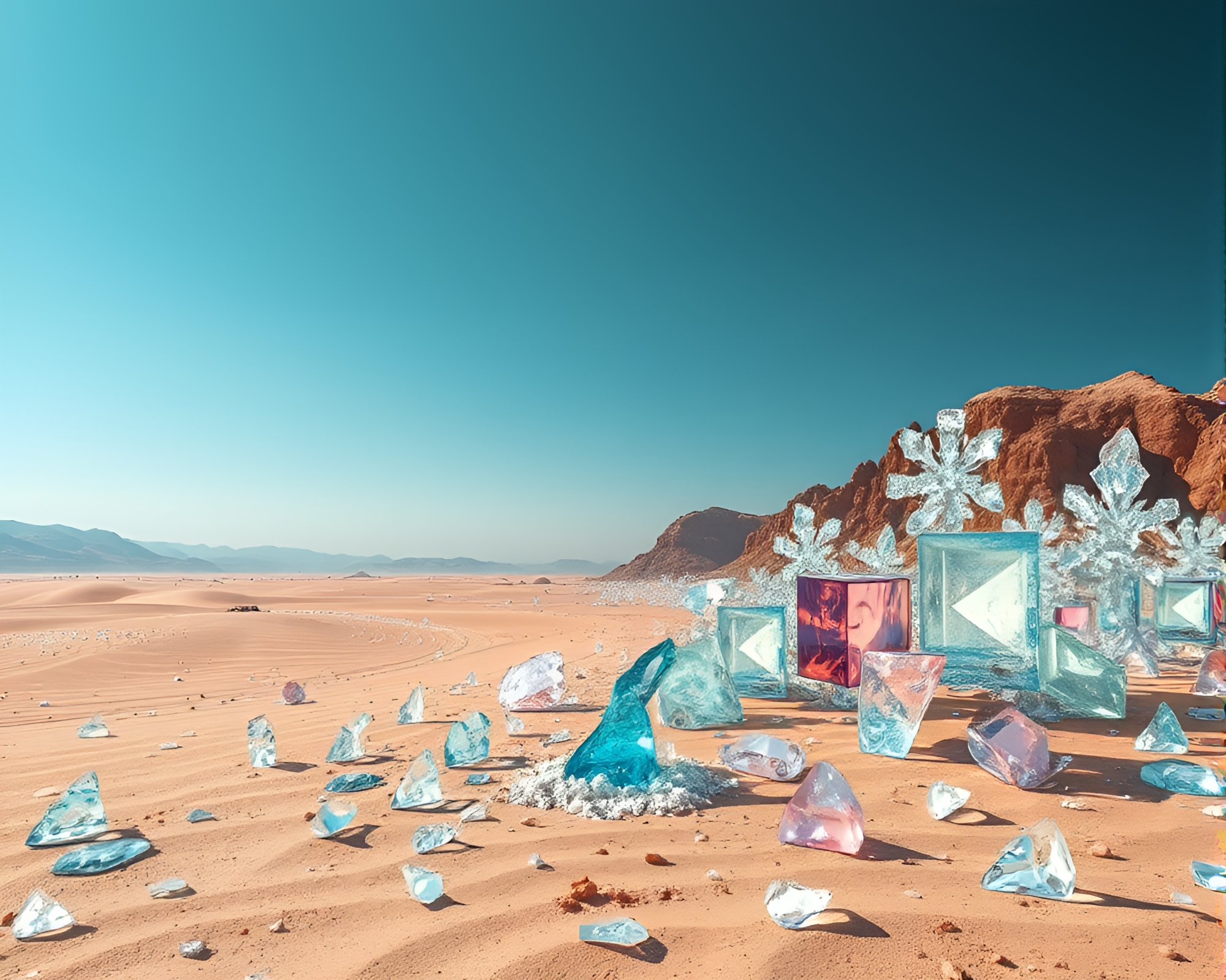 Mesmerizing Glass Shard Desert Landscape with Lush Photomontage Collages – free AI stock image