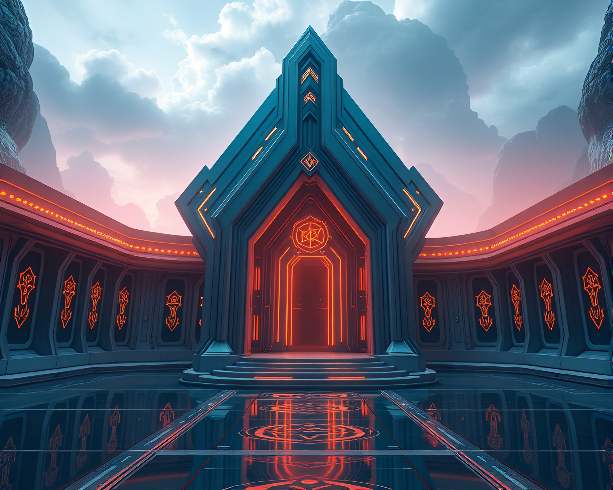 Futuristic Virtual Temple Glowing with Intricate Digital Glyphs – free AI stock image