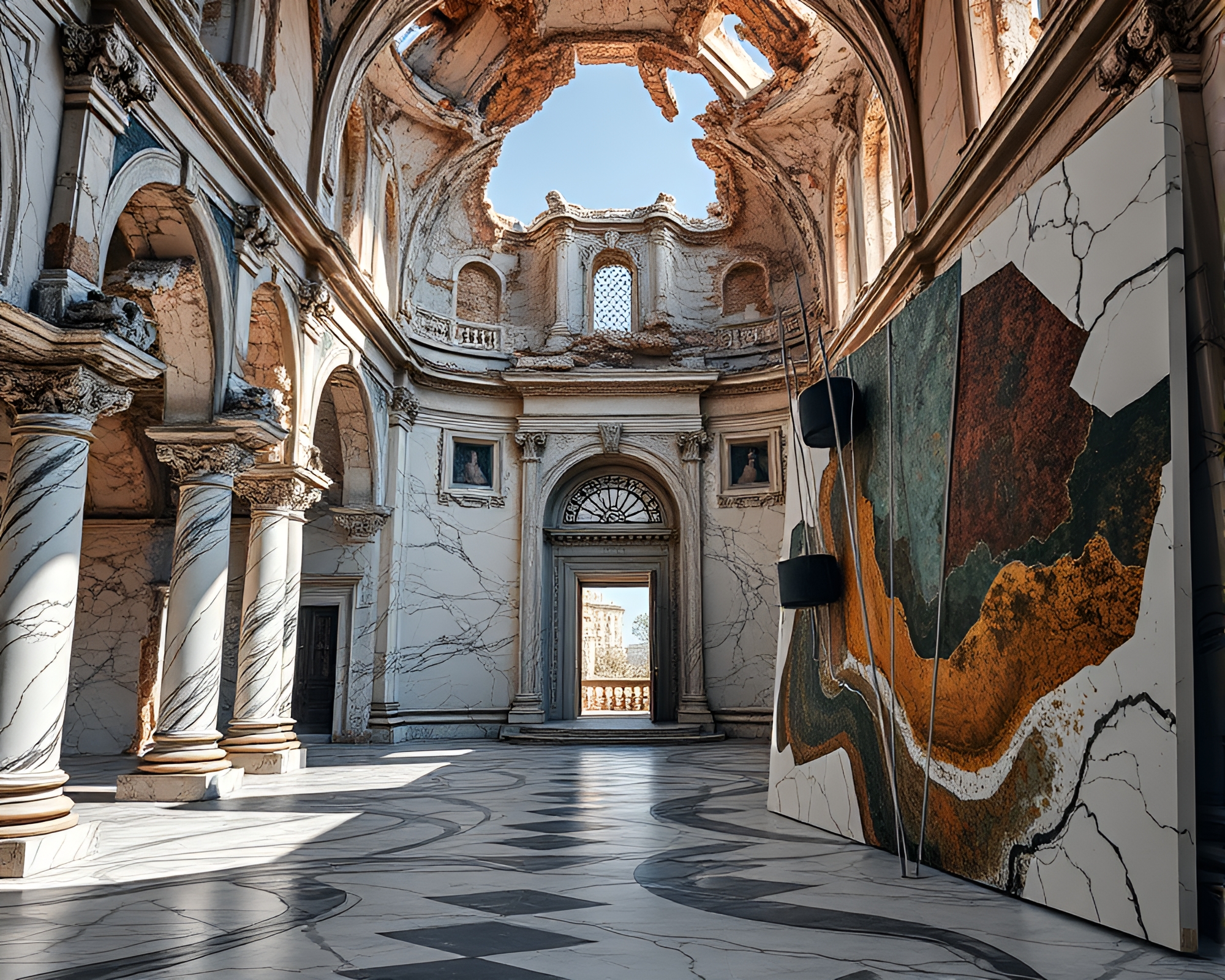 Elegant Marble Palace Featuring Galvanizing Abstract Art – free AI stock image
