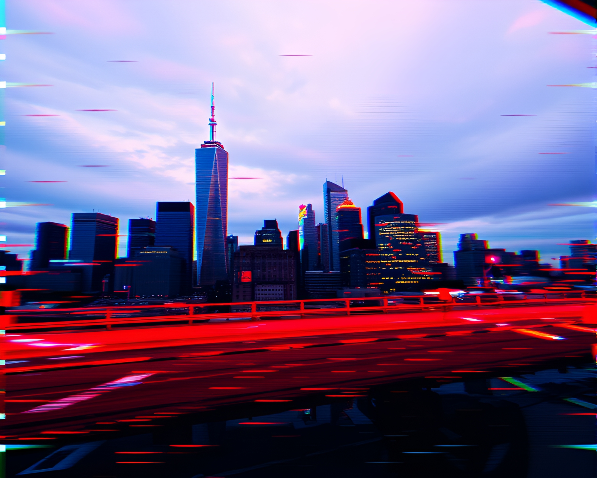Glitched skyline and static interference create mesmerizing reflection – free AI stock image