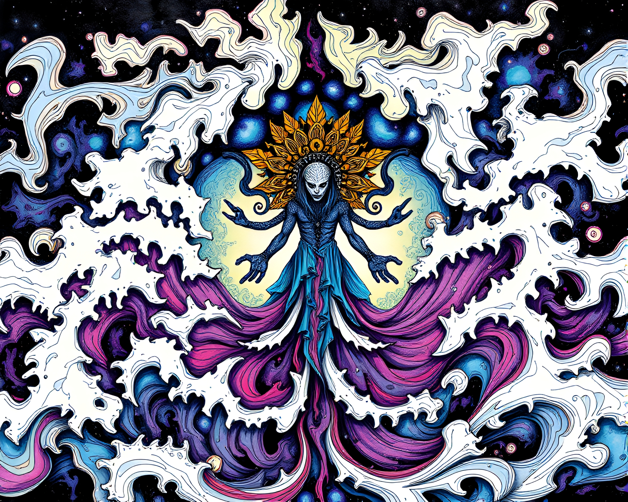 Vibrant Cosmic Entity Emerges from Swirling Ink Ocean – free AI stock image