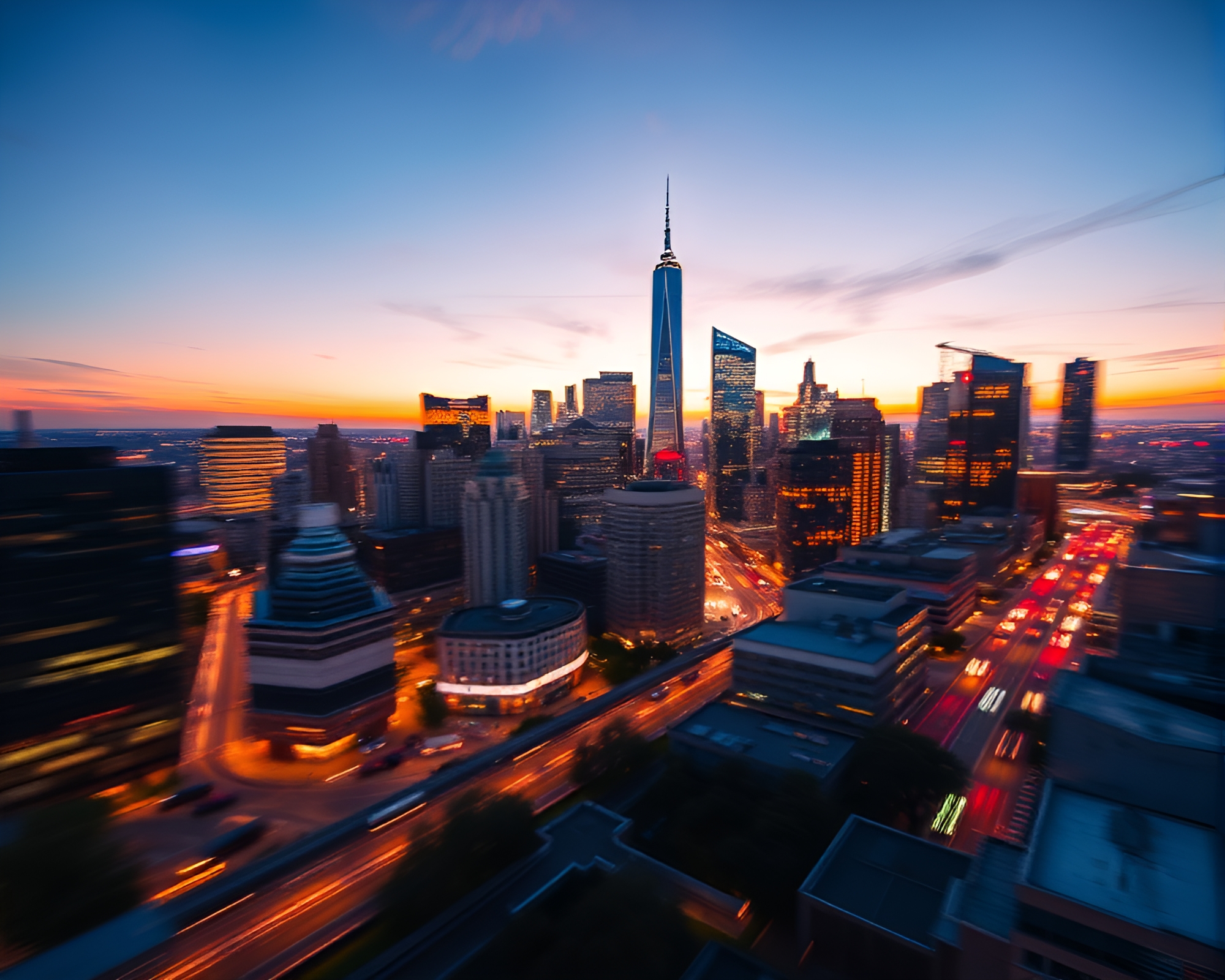 Vibrant Twilight Cityscape with Dynamic Urban Lights – free AI stock image