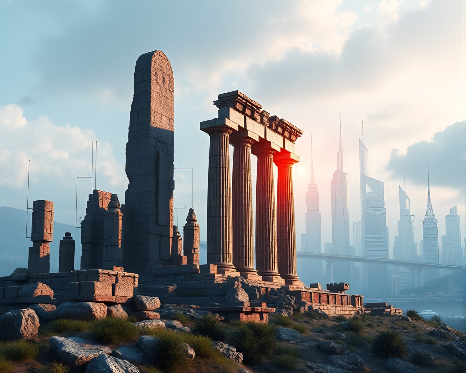 Silhouette of ancient ruins contrasted with futuristic skyline illustration