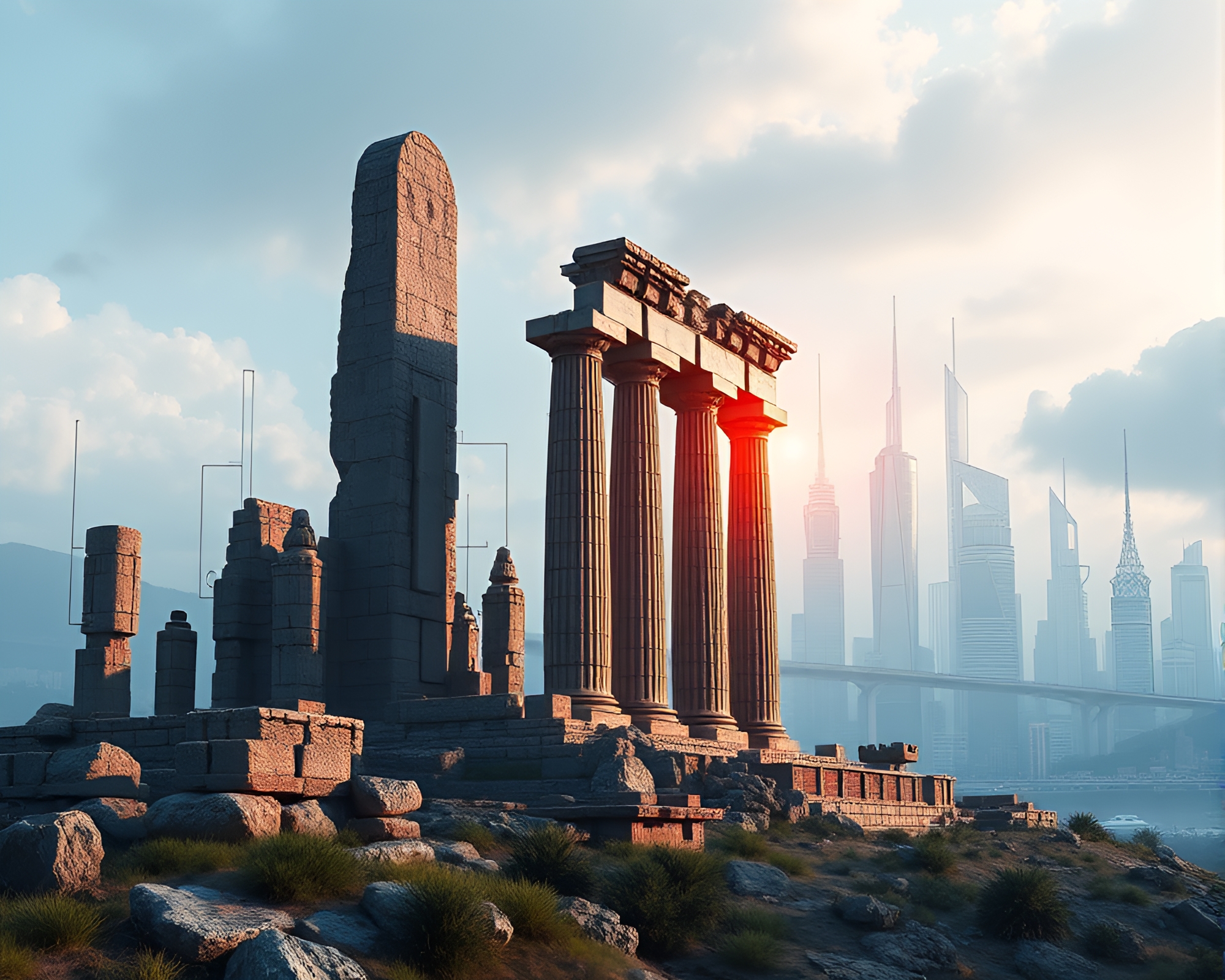 Ancient Monolithic Ruins Silhouette Against Futuristic Skyline Drawing – free AI stock image