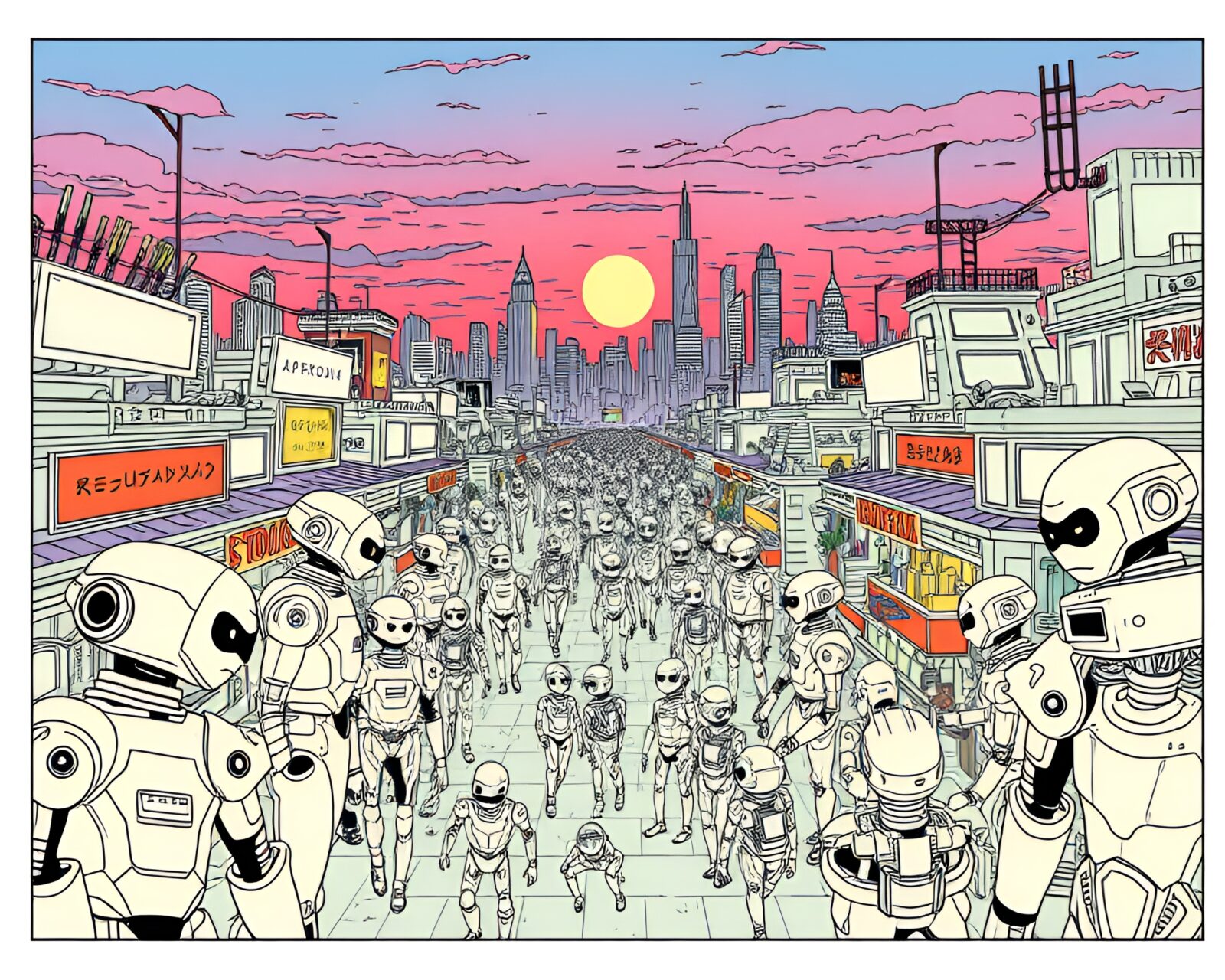 Illustration of bustling android market under twilight sky