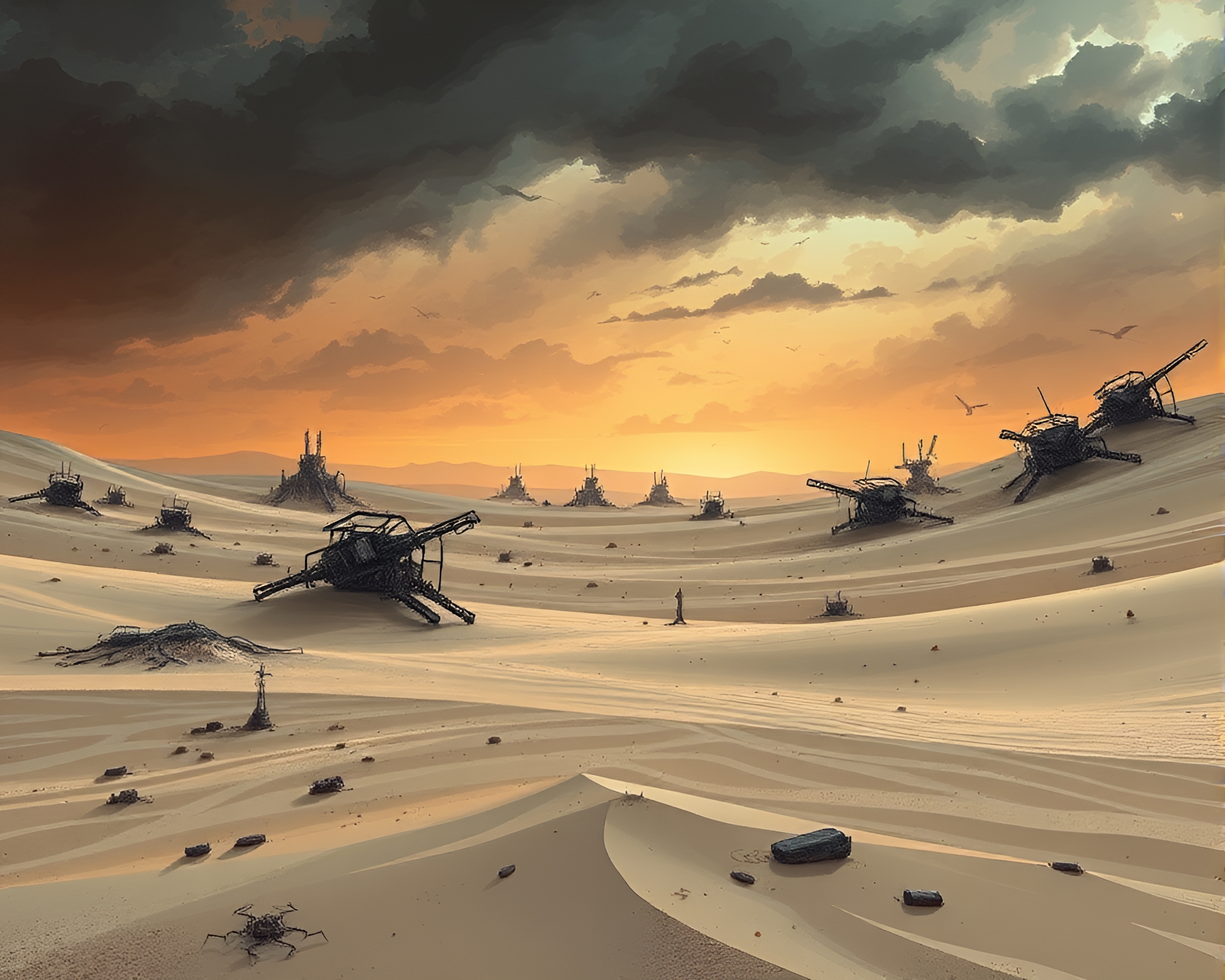 Twisted Metal Structures in Vast Metallic Sand Desert – free AI stock image