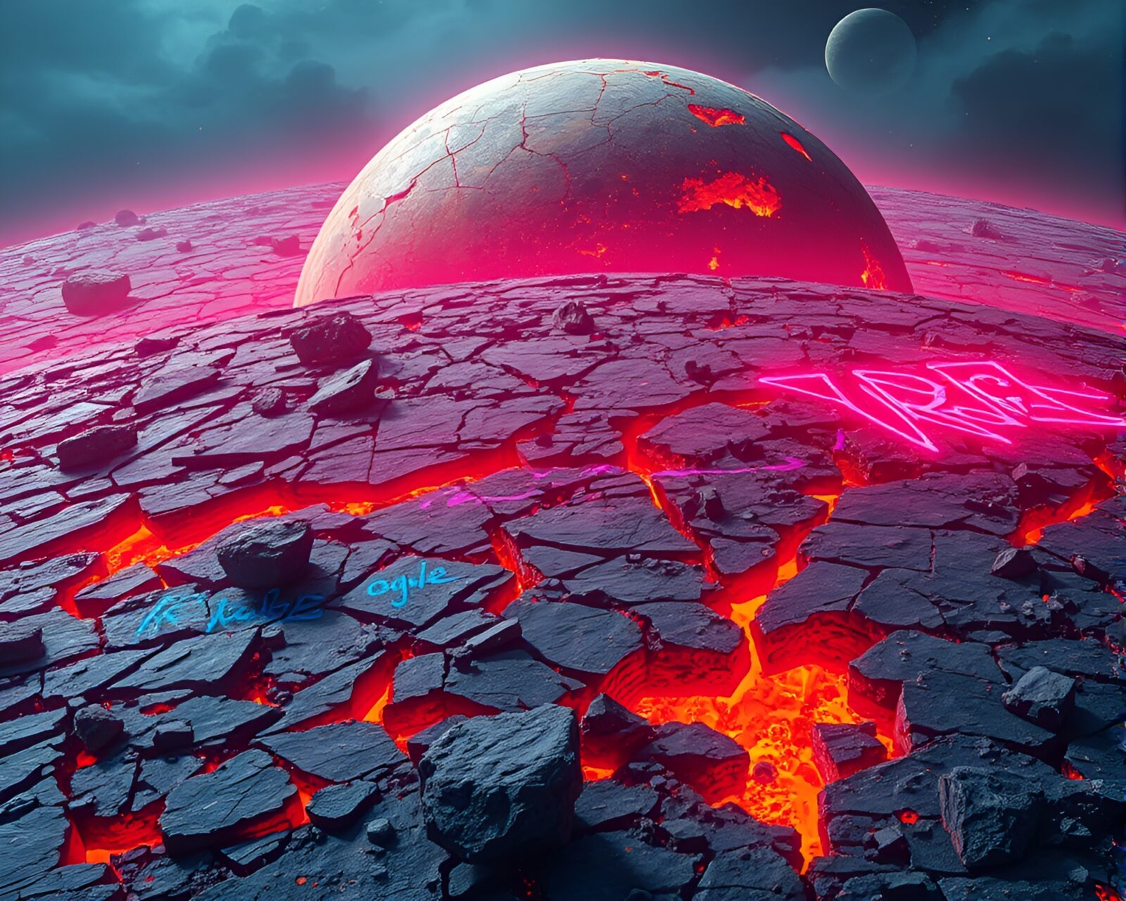 Vivid neon graffiti on rugged planet surface landscape