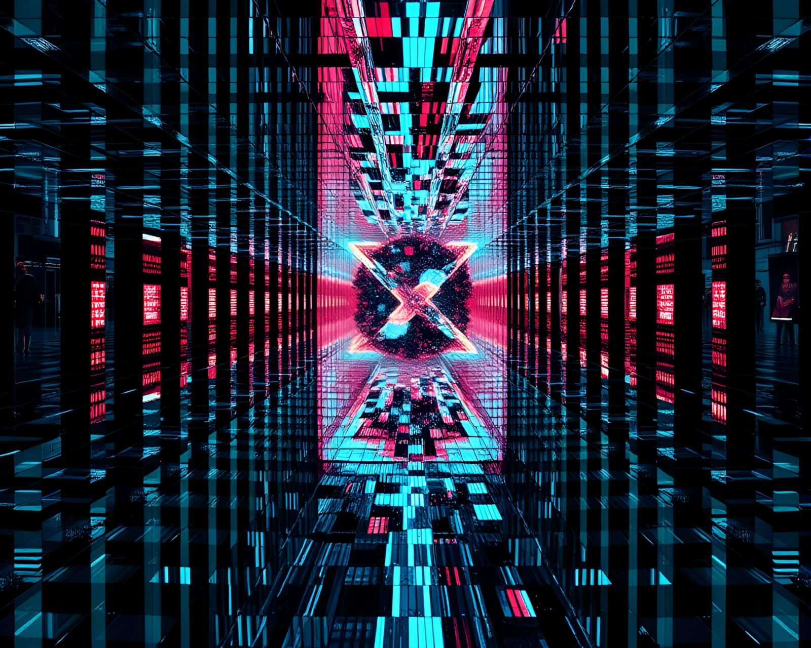 Intricate mirror maze reflecting surreal glitch art illusion