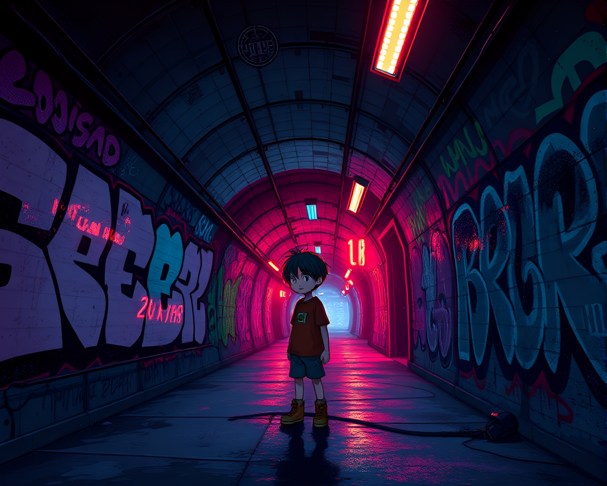 Neon-lit Graffiti Tunnel: Wistful Character and Digital Game Concept – free AI stock image