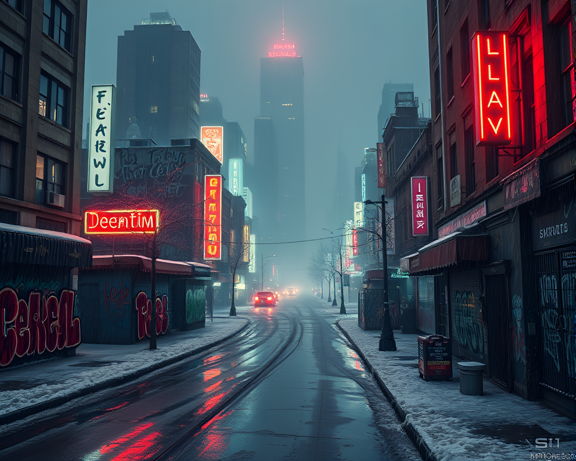 Neon-lit Noir Cityscape with Frosty Graffiti – free AI stock image