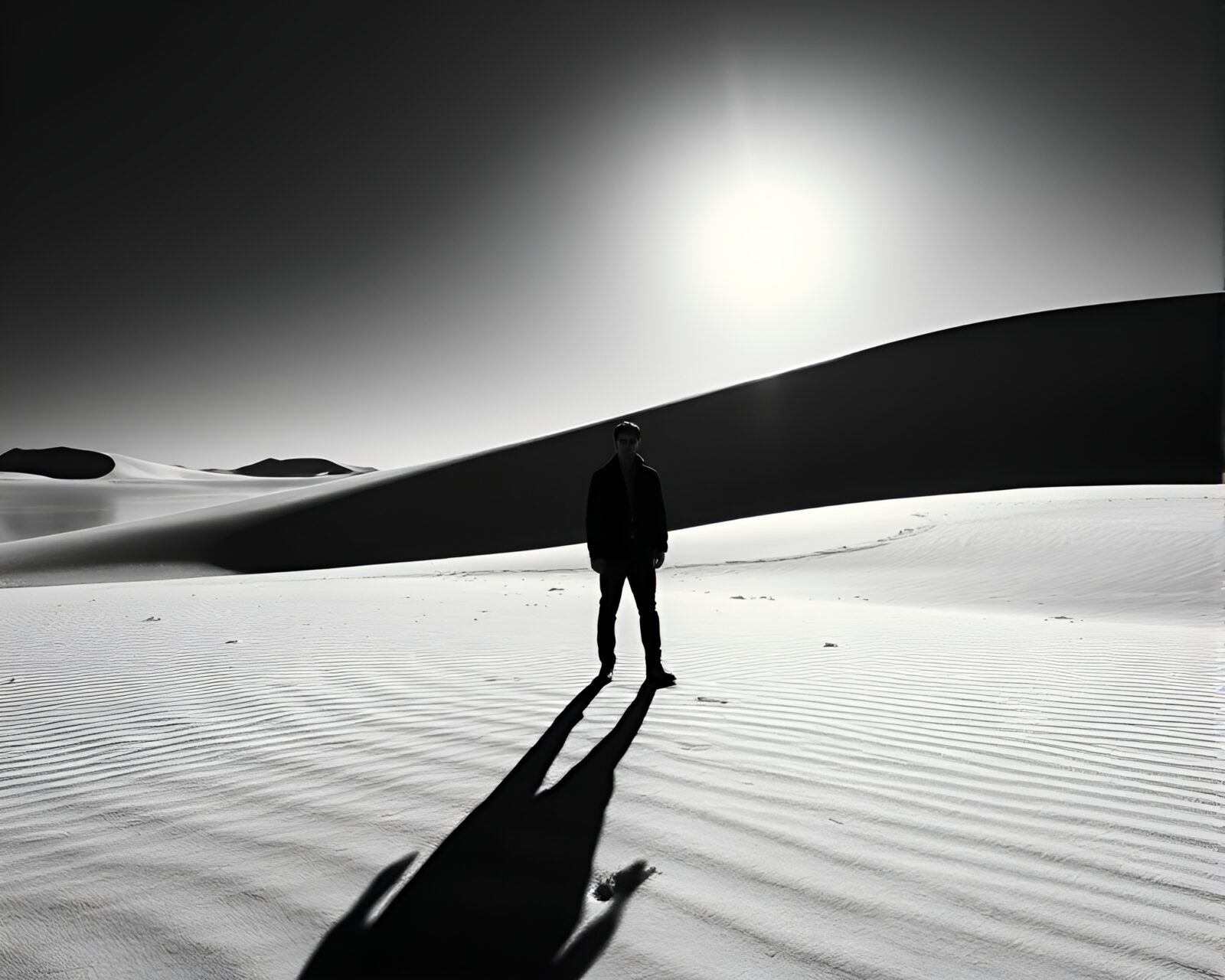 Silhouette of lone figure in vast metallic sand dunes