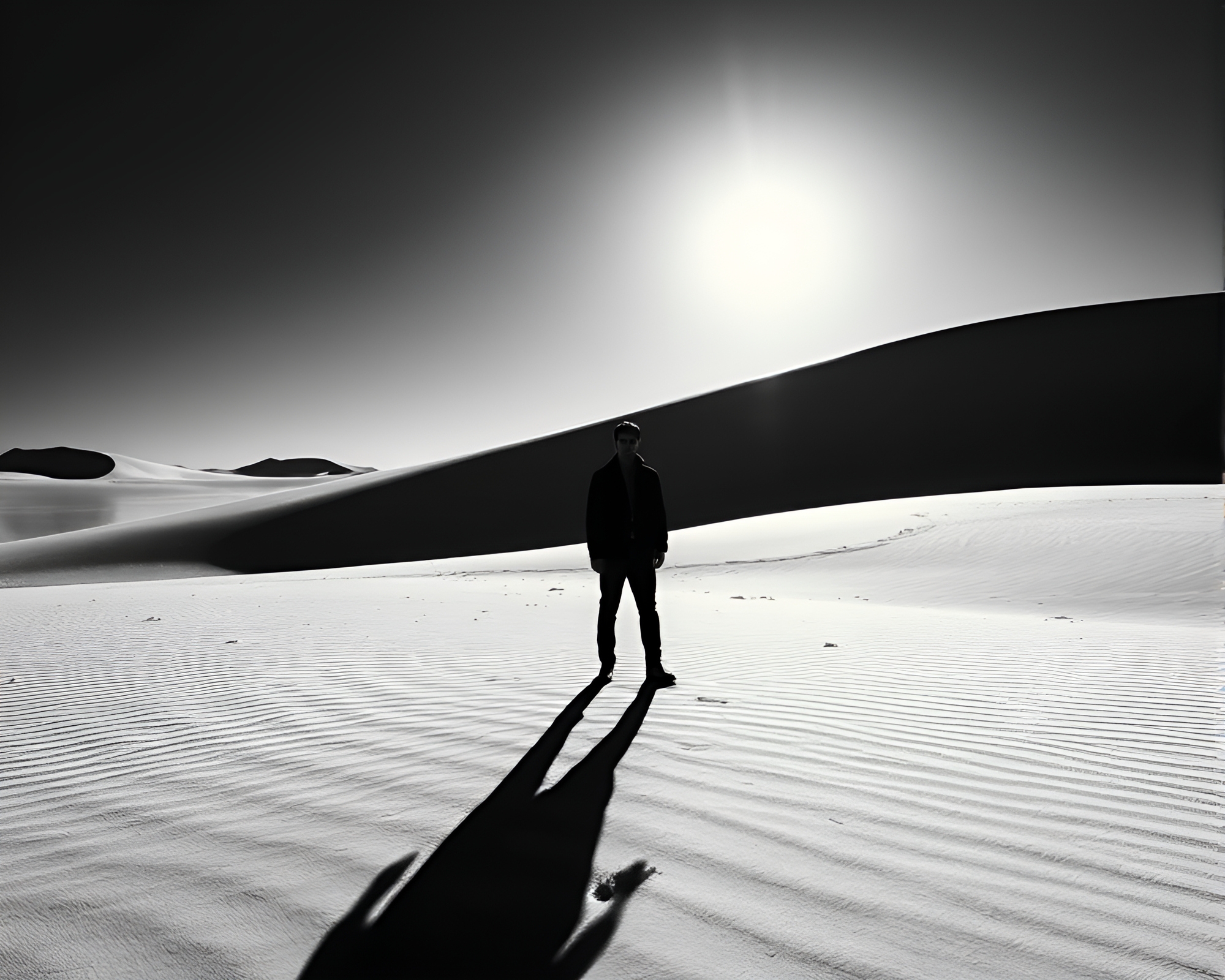 Noir-inspired lone figure in metallic sand desert – free AI stock image