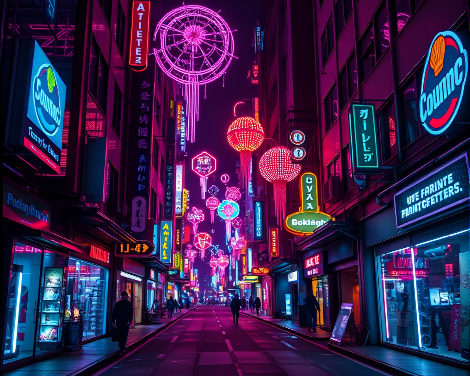 City street at night with futuristic installations and neon lights