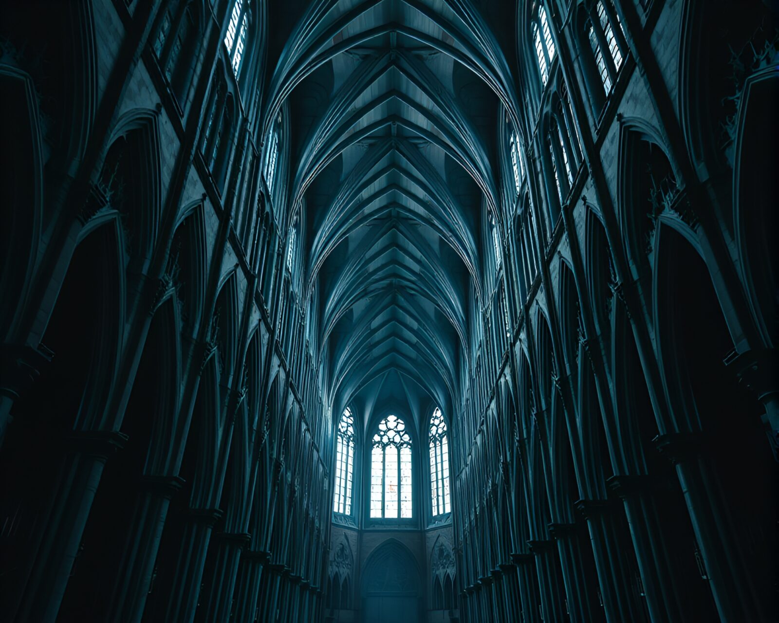 Moody noir-lit gothic cathedral with unique architectural features