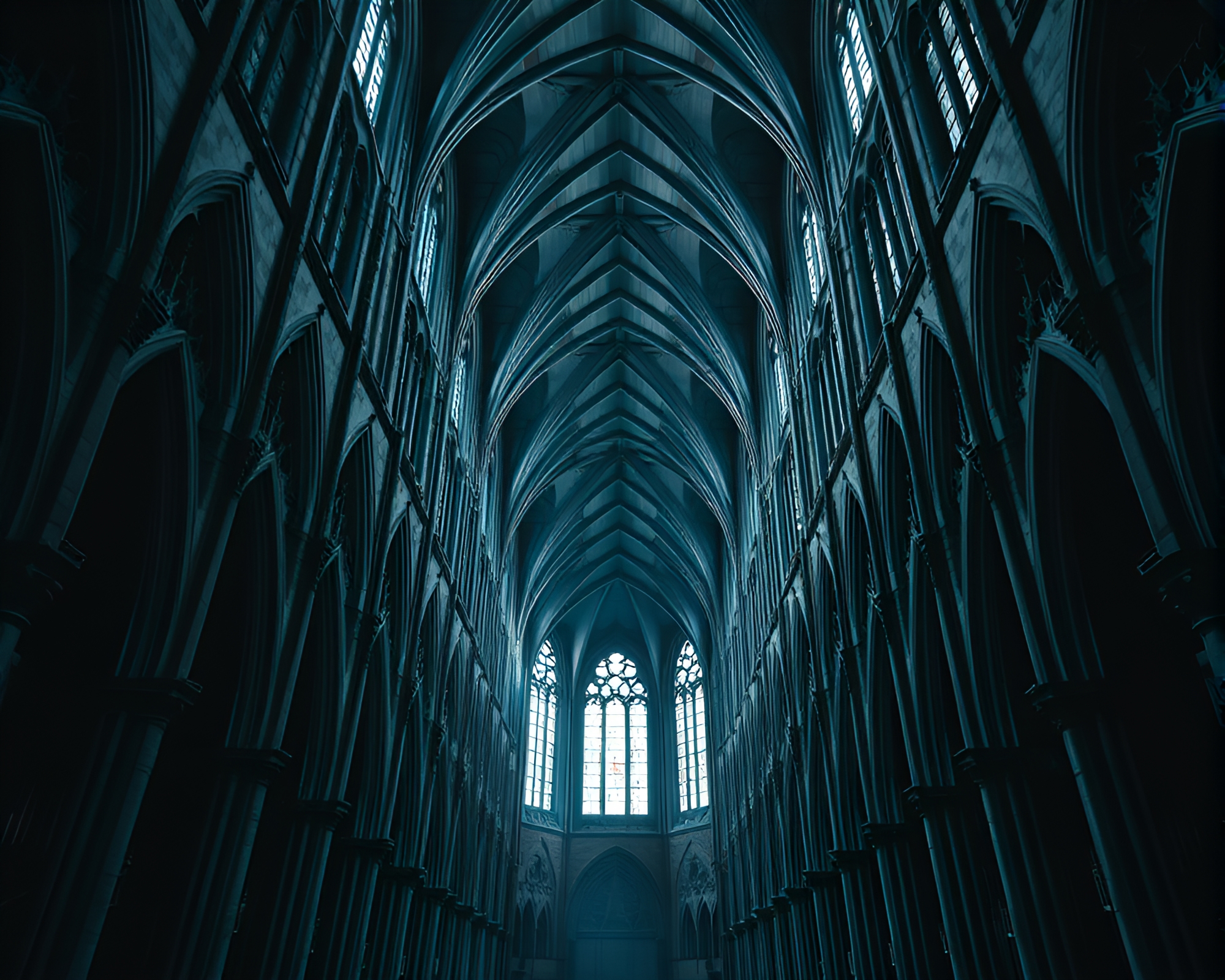 Mysterious Gothic Cathedral Interior with Noir Lighting – free AI stock image