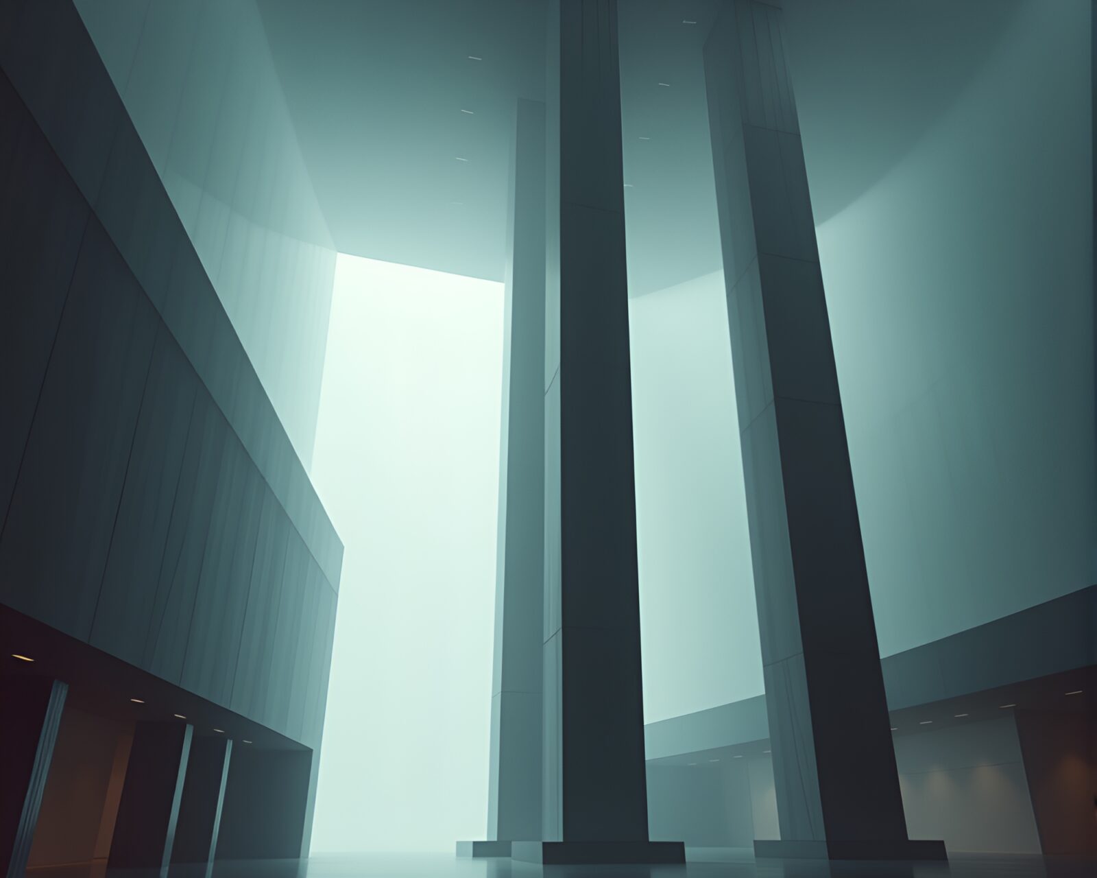 Impressive monolithic pillars suspended in contemporary art exhibition space