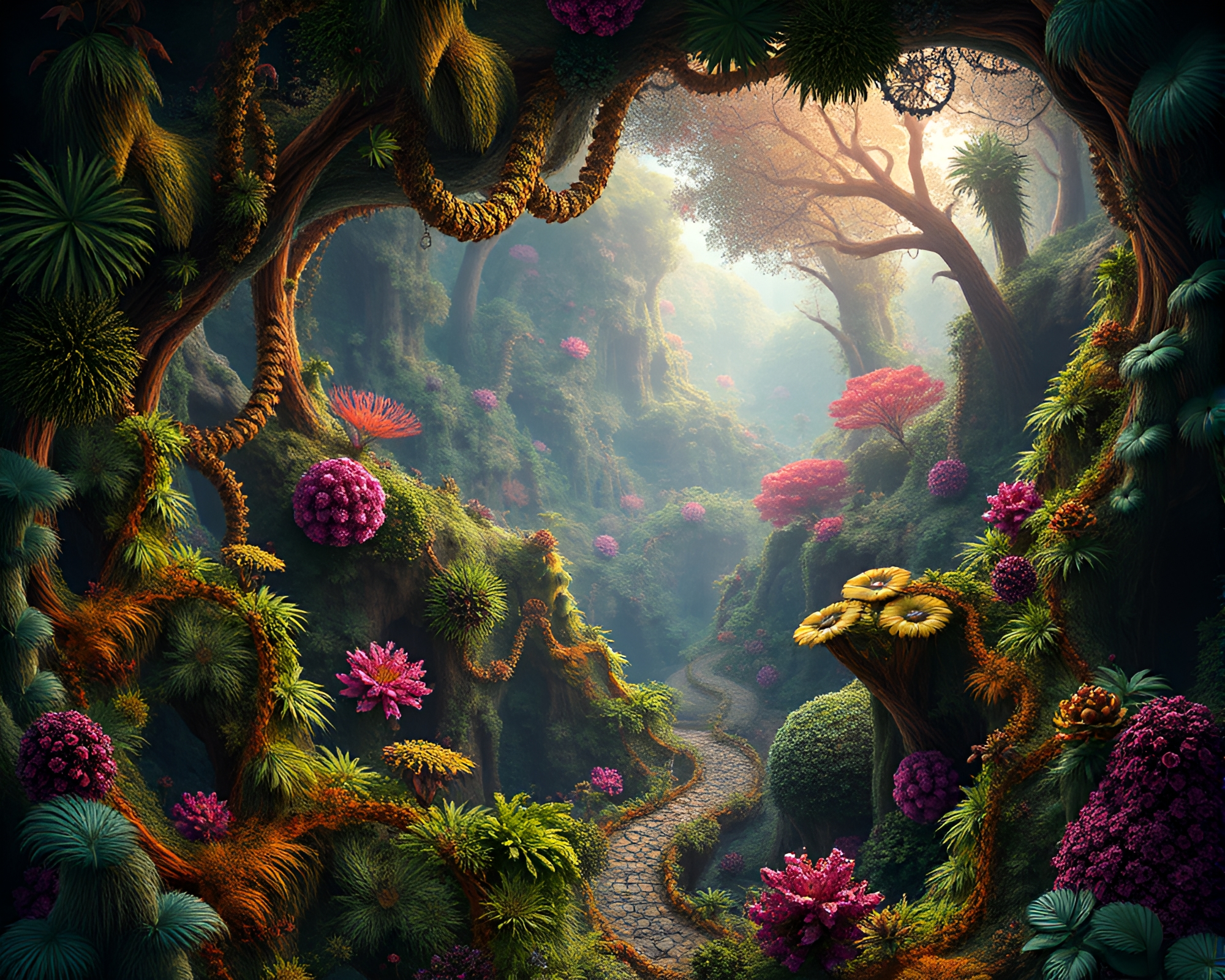 Vibrant Fractal Jungle Landscape Against Serene Pastoral Backdrop – free AI stock image