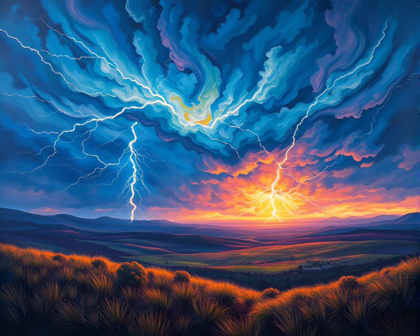 Vibrant oil painting of electric storm in dreamlike landscape