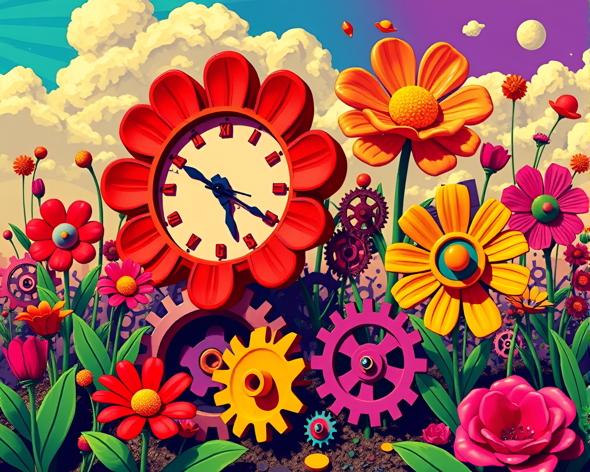 Whimsical Clockwork Garden with Oversized Flowers and Gears – free AI stock image