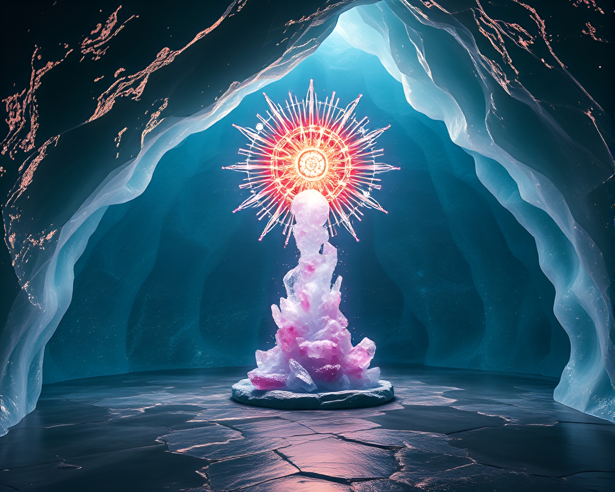 Otherworldly Kinetic Sculpture Glowing in Ice Prism Cavern – free AI stock image