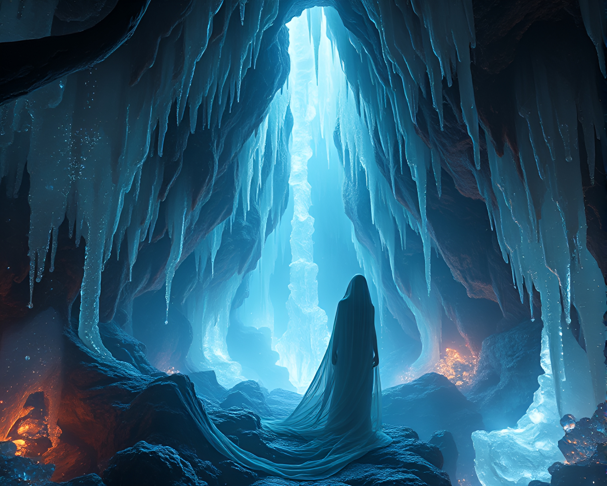 Melancholic figure in glowing crystalline cavern – free AI stock image