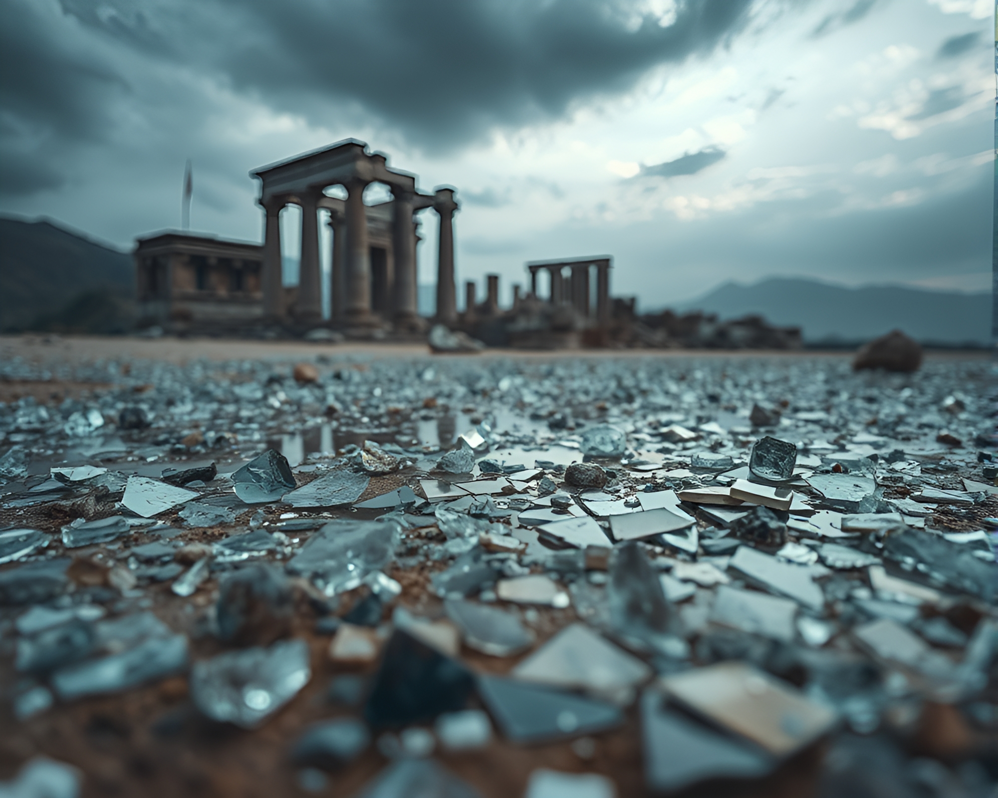 Mystical Desert Mirage: Glass Shards and Ancient Ruins – free AI stock image