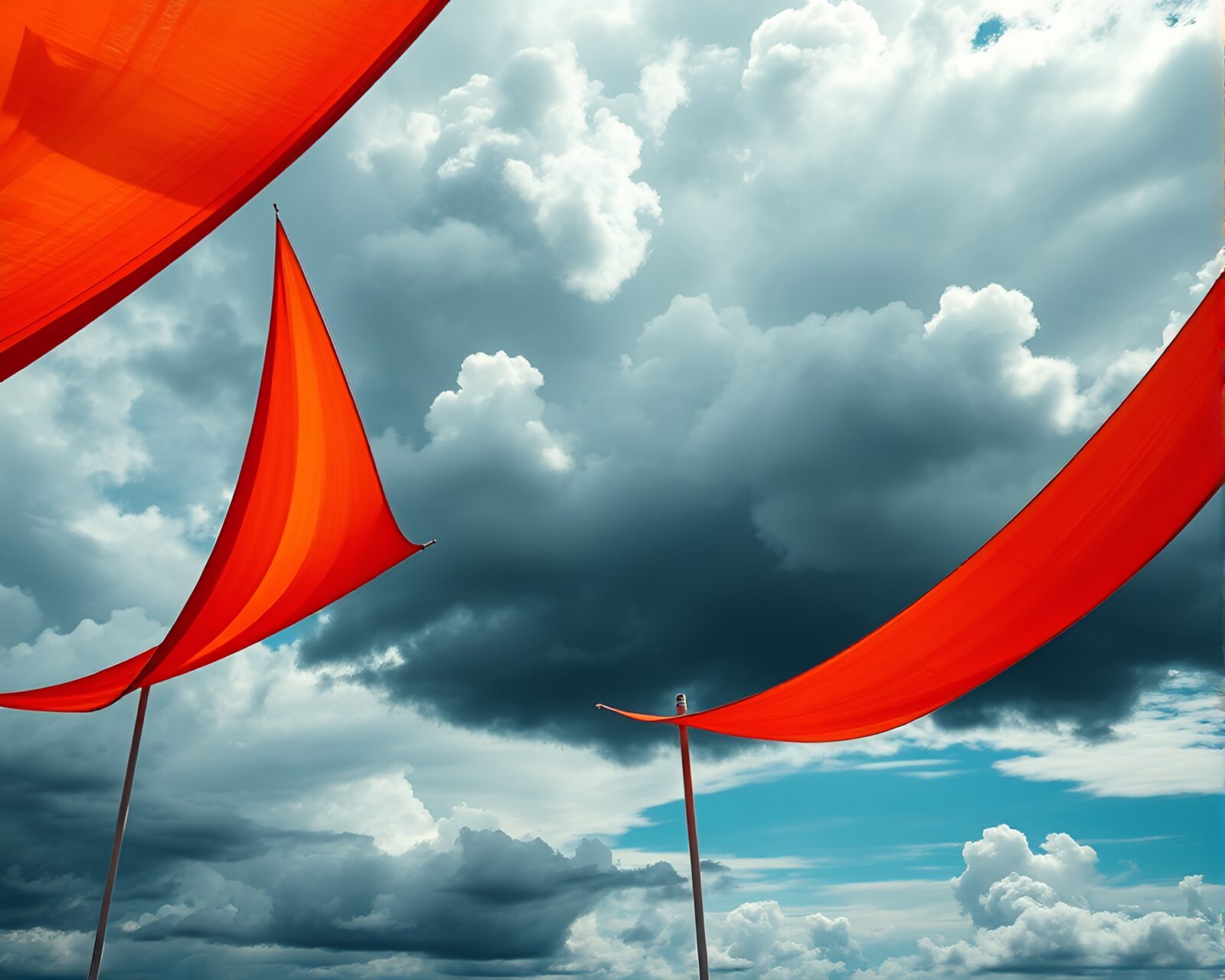 Vibrant solar sails float against dramatic stormy clouds backdrop