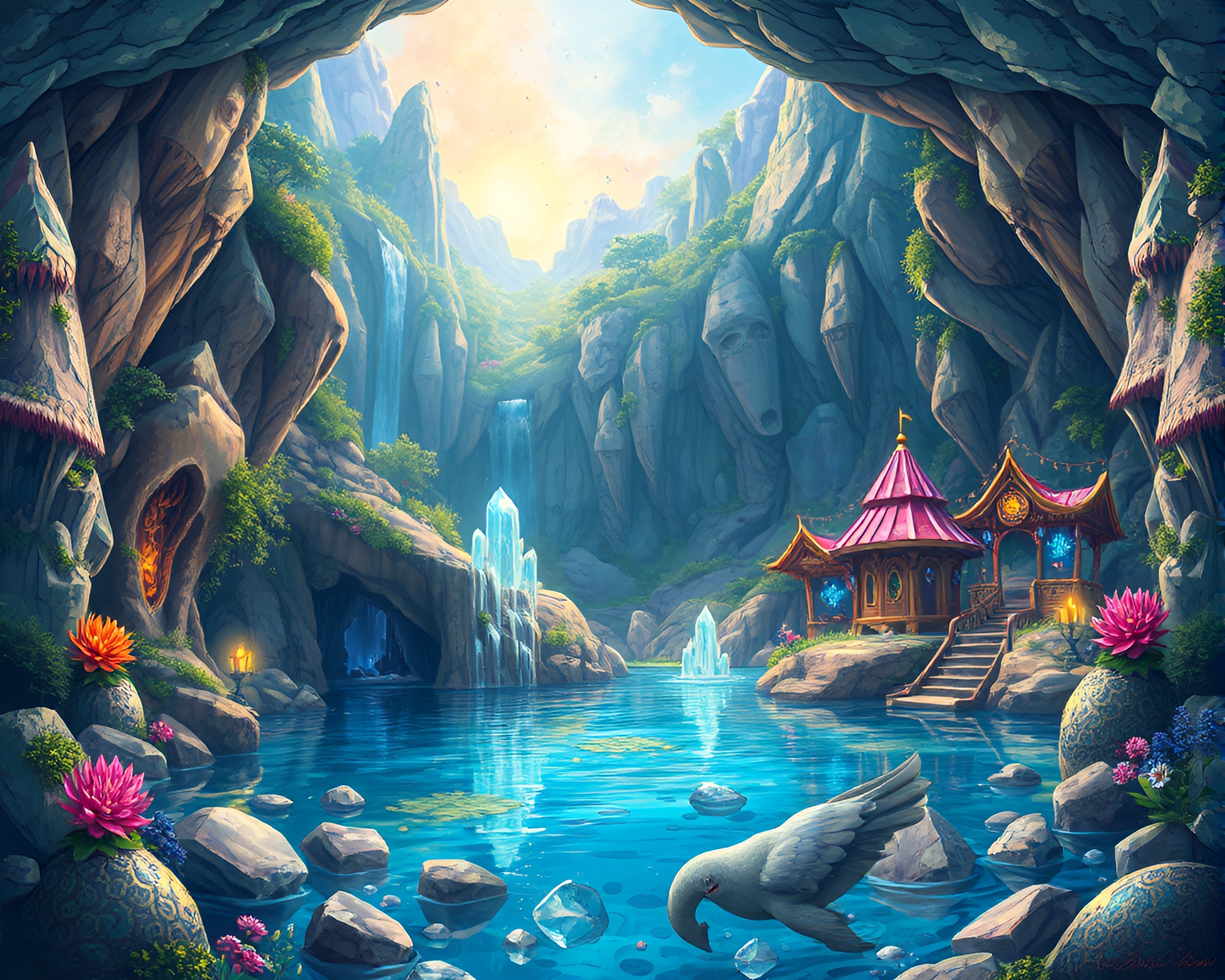 Vibrant Fantasy Gouache Illustration of Subterranean Crystal Lake – free AI stock image