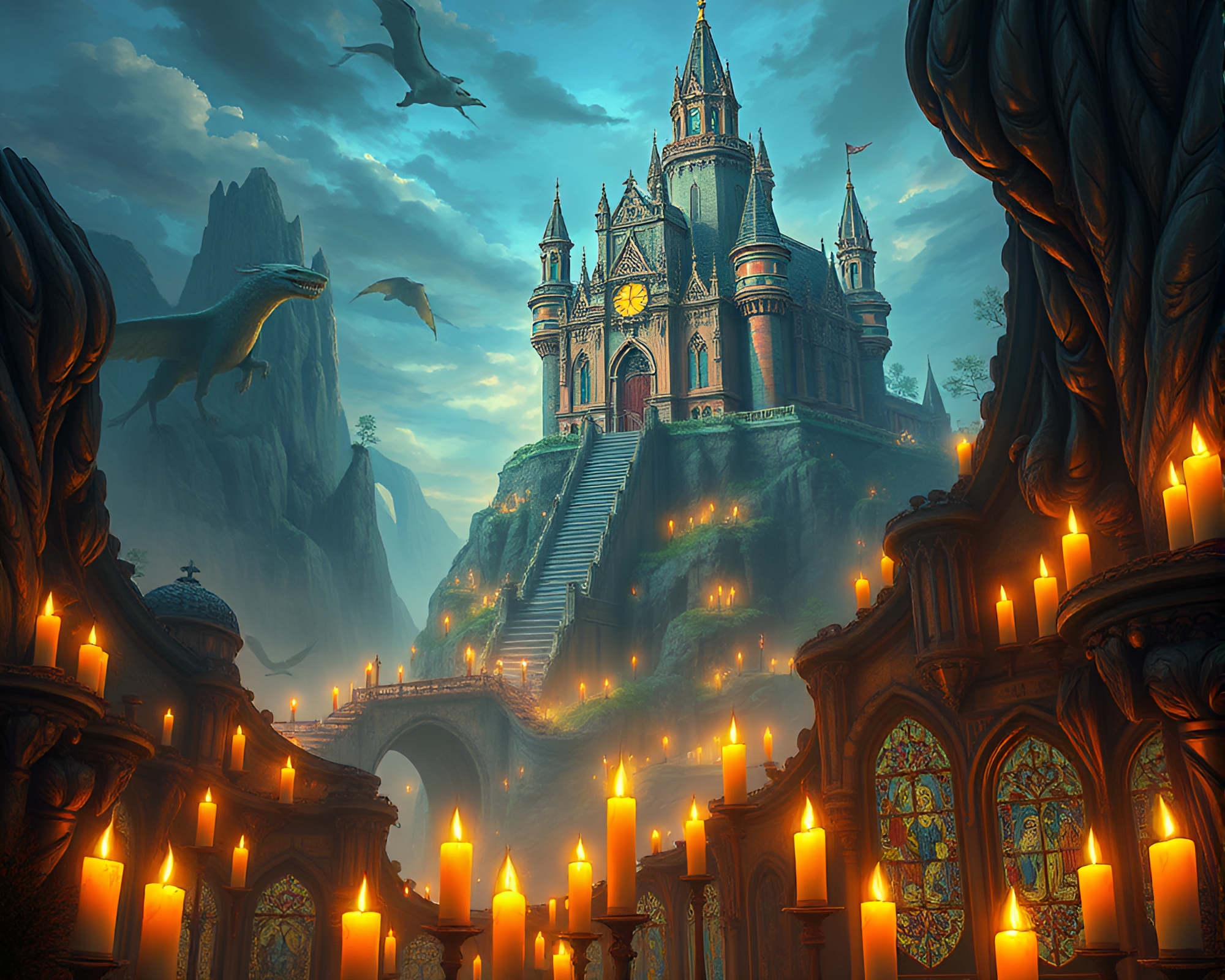 Majestic Citadel with Subterranean Stained Glass Windows – free AI stock image