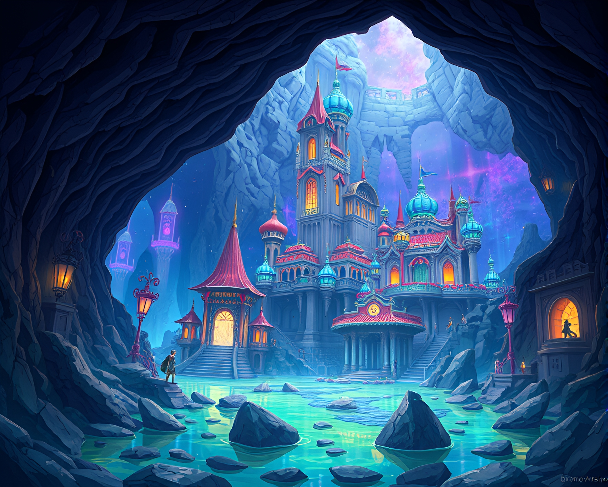 Vibrant Anime Sunken Cityscape in Mystical Subterranean World – free AI stock image