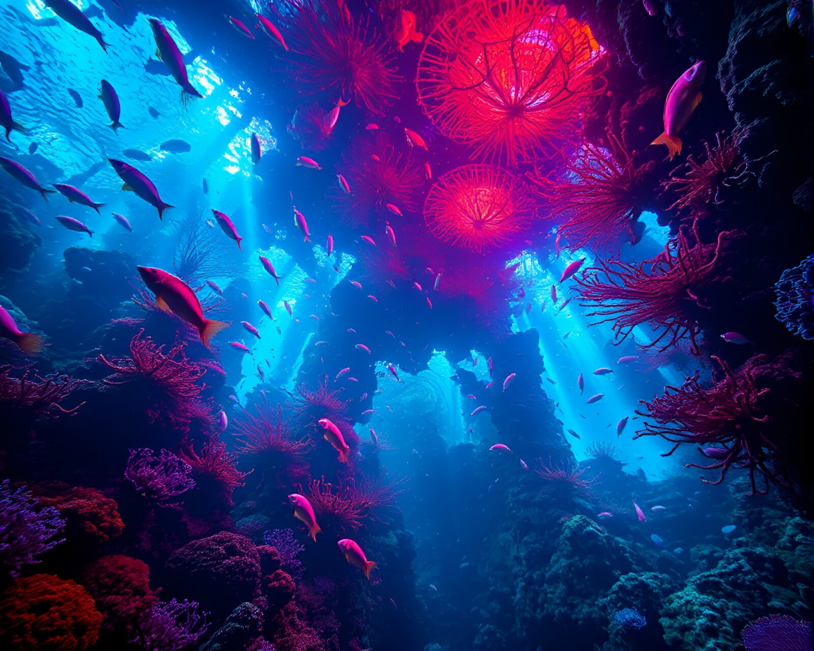 Vibrant cosmic gouache illustration of underwater cathedral with colorful sea life