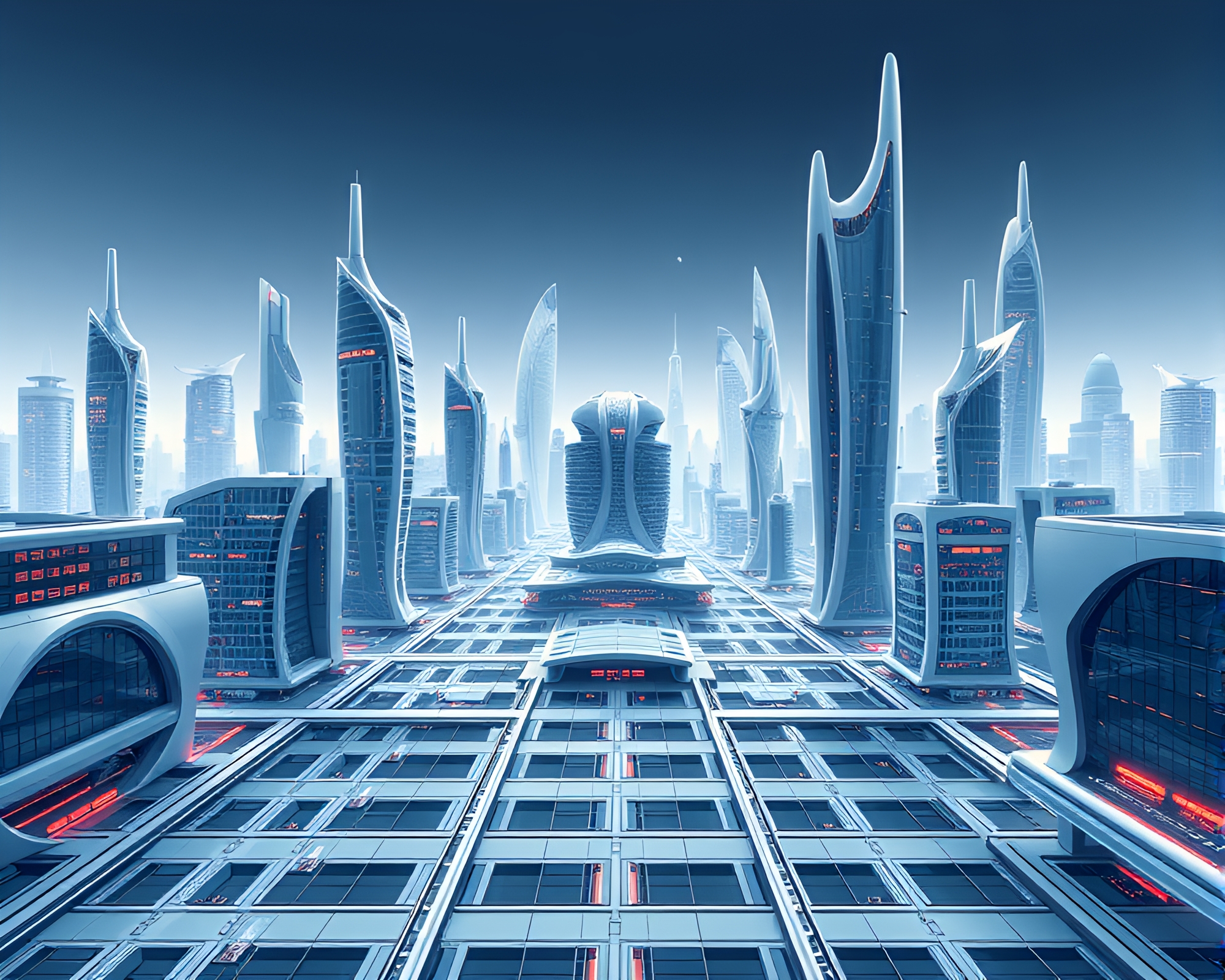 Futuristic Cityscape with Dynamic Fractal Patterns – free AI stock image