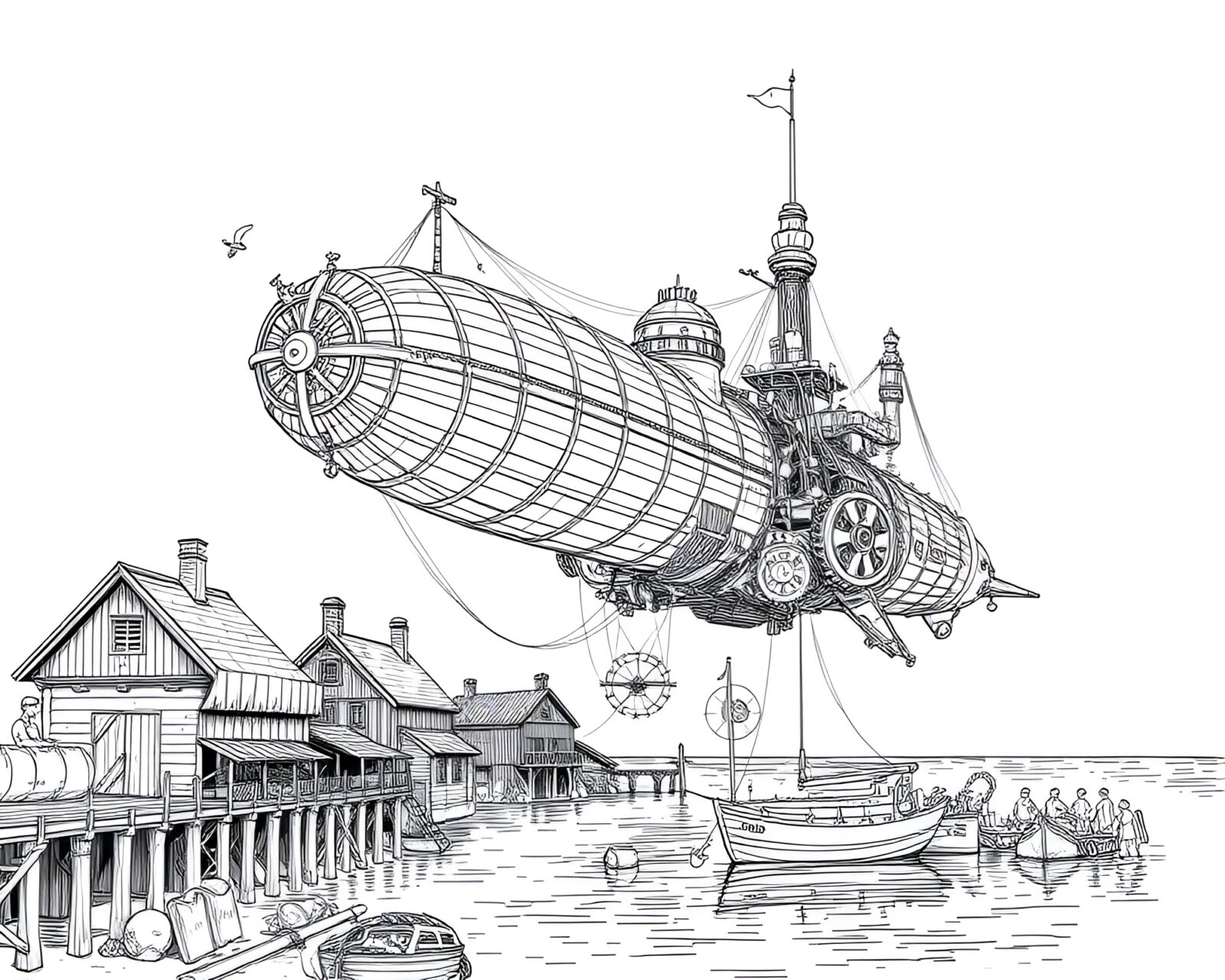 Intricate line drawing of steampunk airship at rustic port
