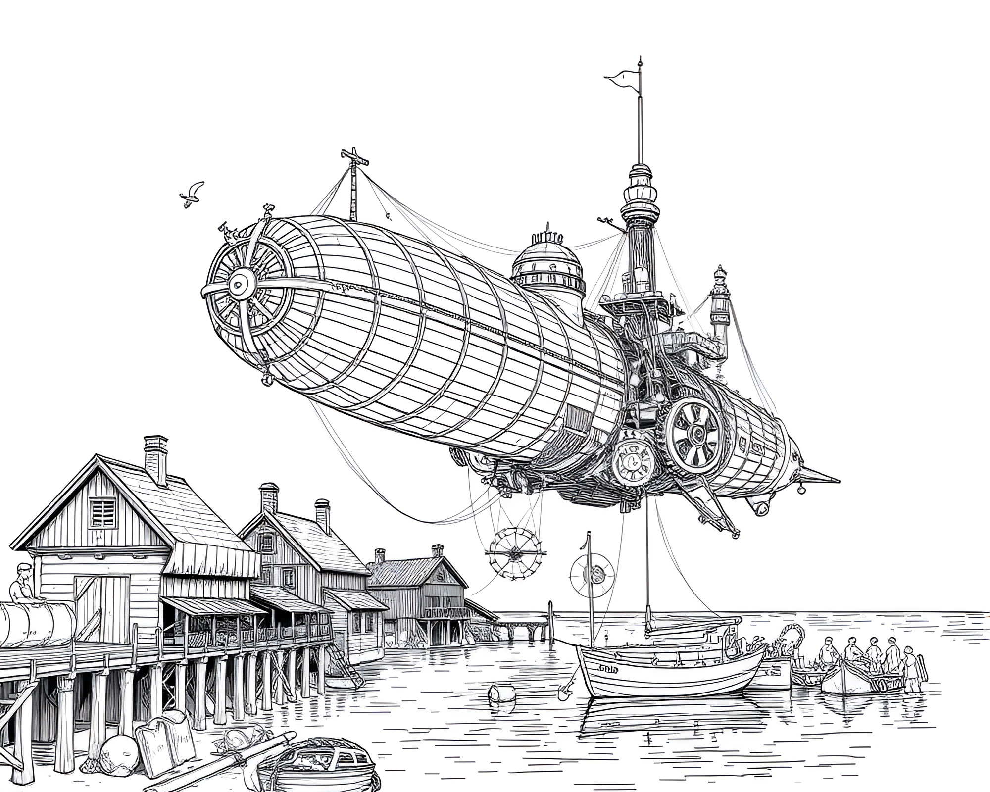 Detailed Steampunk Airship at Rustic Port – free AI stock image