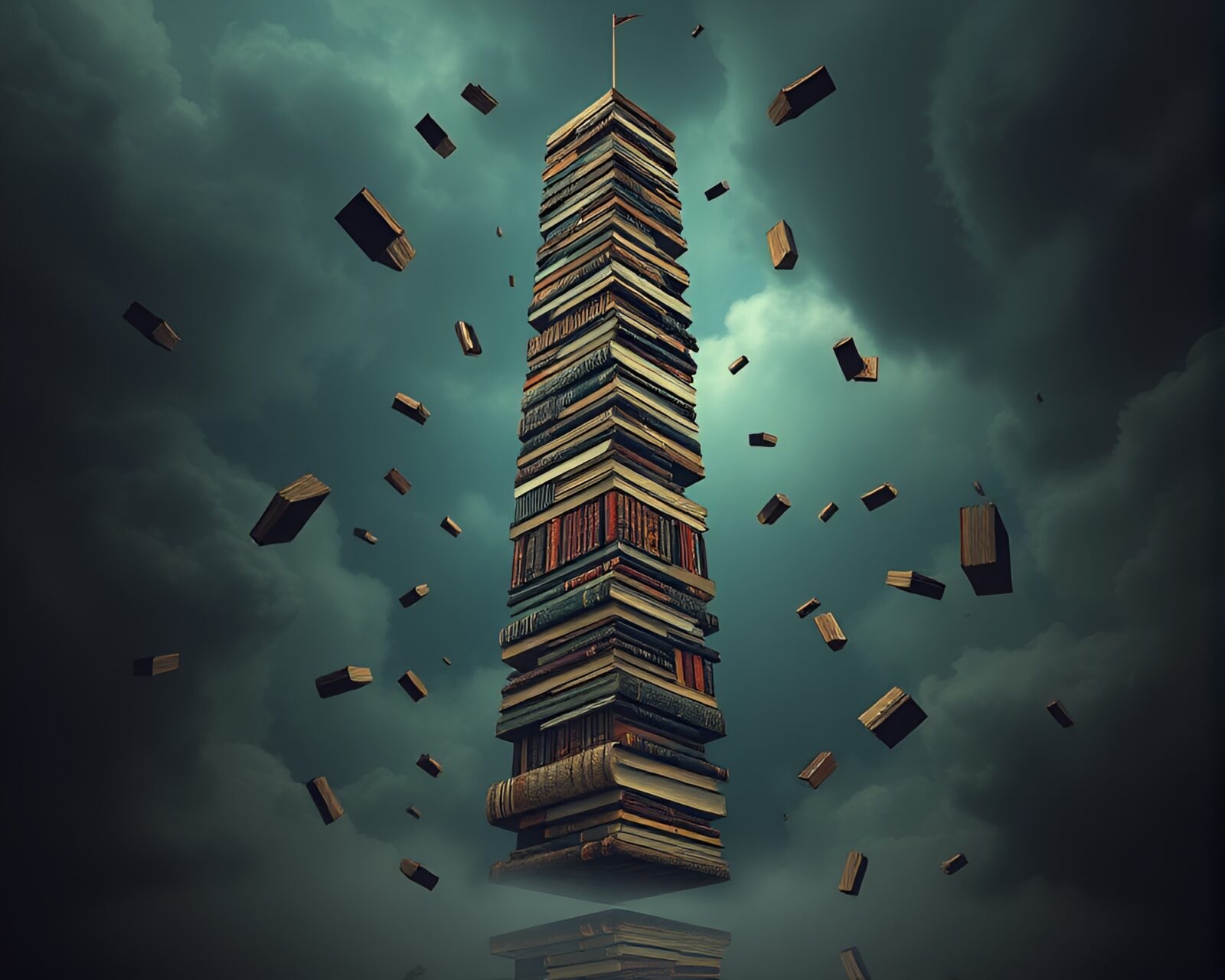 A mesmerizing tower of books floating in mid-air