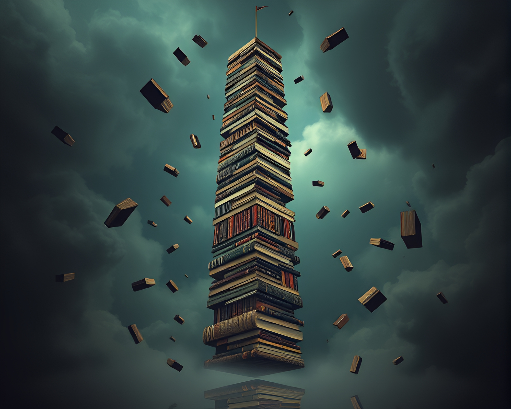 Surreal Tower of Books Suspended in Air – free AI stock image