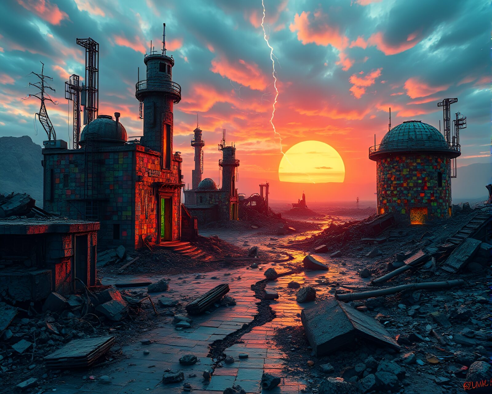 Destruction and beauty collide in electrifying mosaic wasteland scene