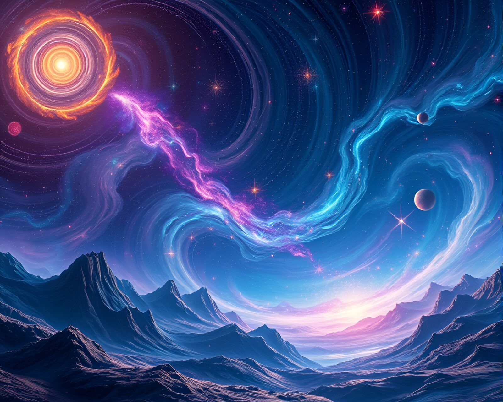 Swirling starfields and cosmic energies moving in mesmerizing display
