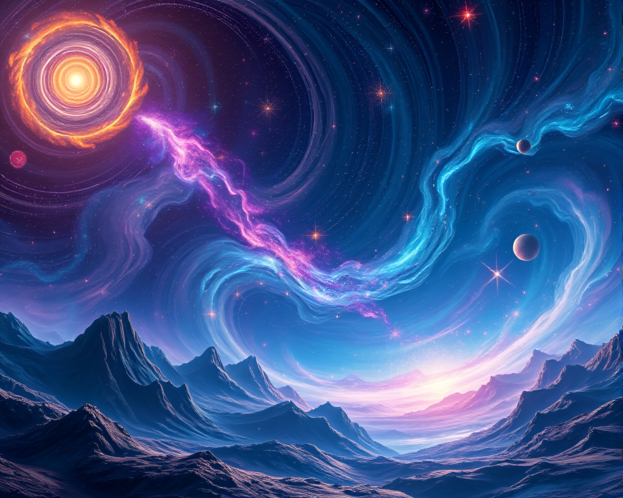 Kinetic Cosmic Energies in Surreal Starfilled Landscape – free AI stock image