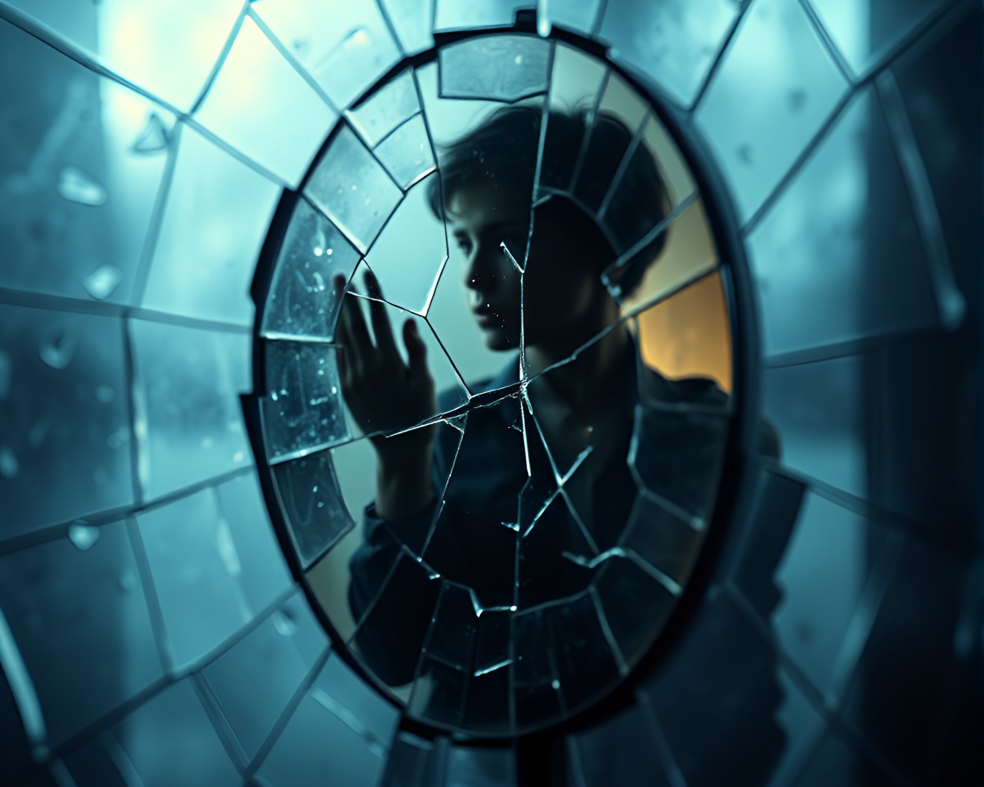 Shattered mirror reflecting contemplative figure in dreamy style – free AI stock image