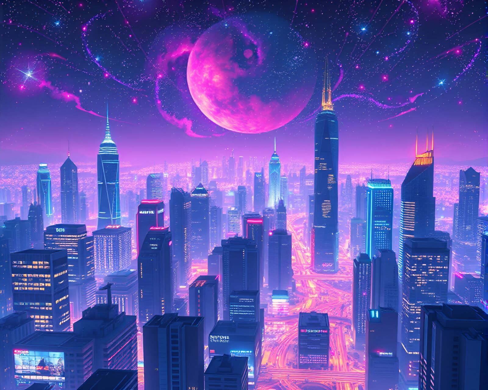Vibrant celestial colors illuminate futuristic city skyline at night