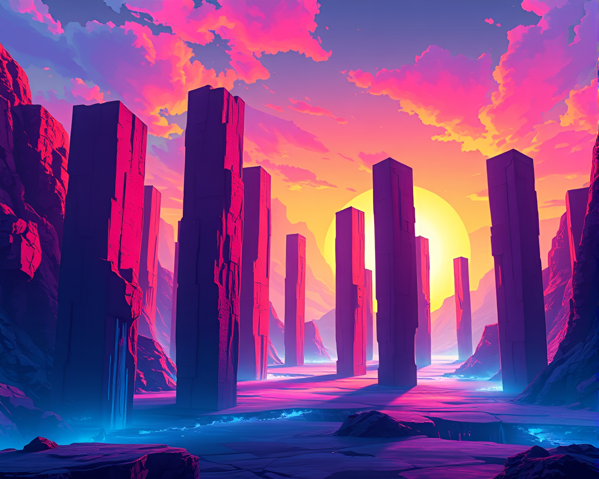 Monolithic Pillars in Glitch Art Style Landscape – free AI stock image