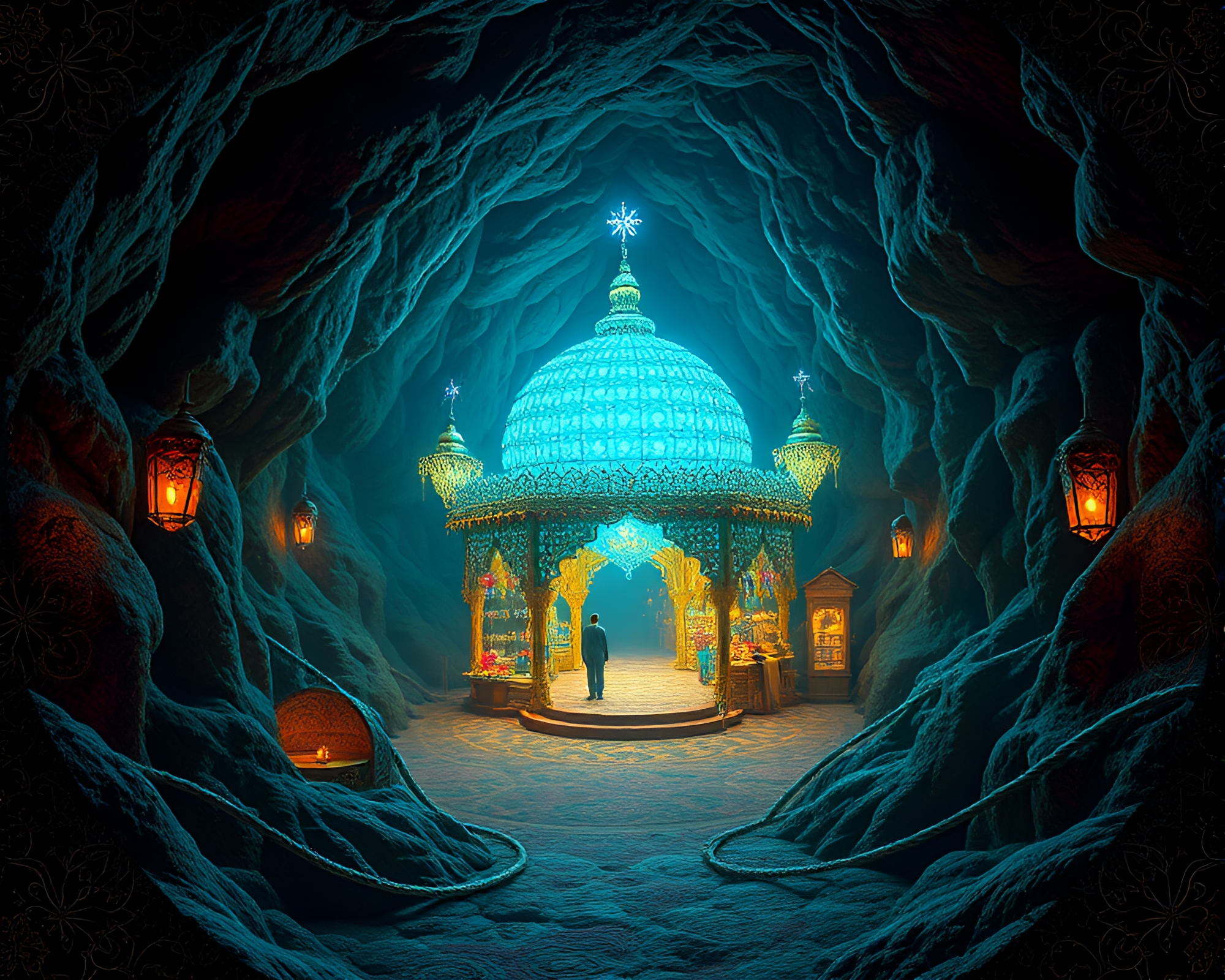 Stunning holographic bazaar in underground cavern – free AI stock image
